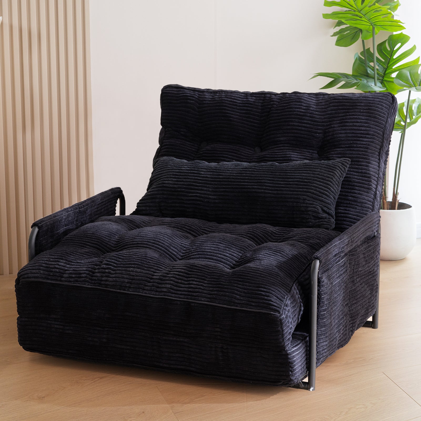 MAXYOYO Adjustable Floor Sofa Couch - 5 Position Foldable Lazy Sofa Sleeper Bed with Pillow & Armrest - Single Size Black for Living Room, Bedroom & Small Spaces