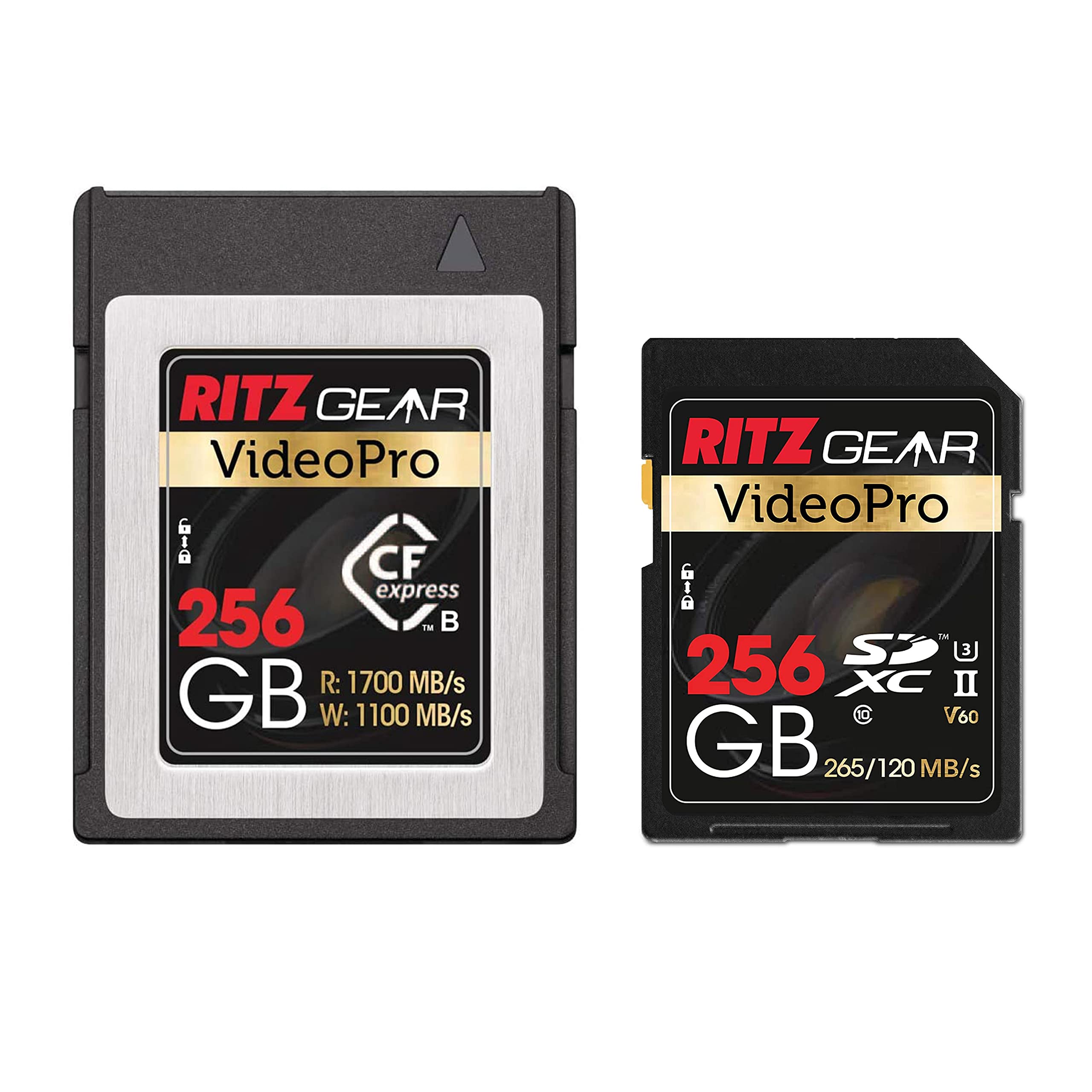 Ritz Gear RG CFExpress Type B 256GB Memory Card (1700MB/s Read, 1100MB/s Write) + SDXC UHS-II 256GB Card (V60, U3, 265MB/s Read, 120MB/s Write) - High-Speed Storage for DSLR, Mirrorless Cameras & 4K Video Recording (Not Compatible with Nikon Cameras)