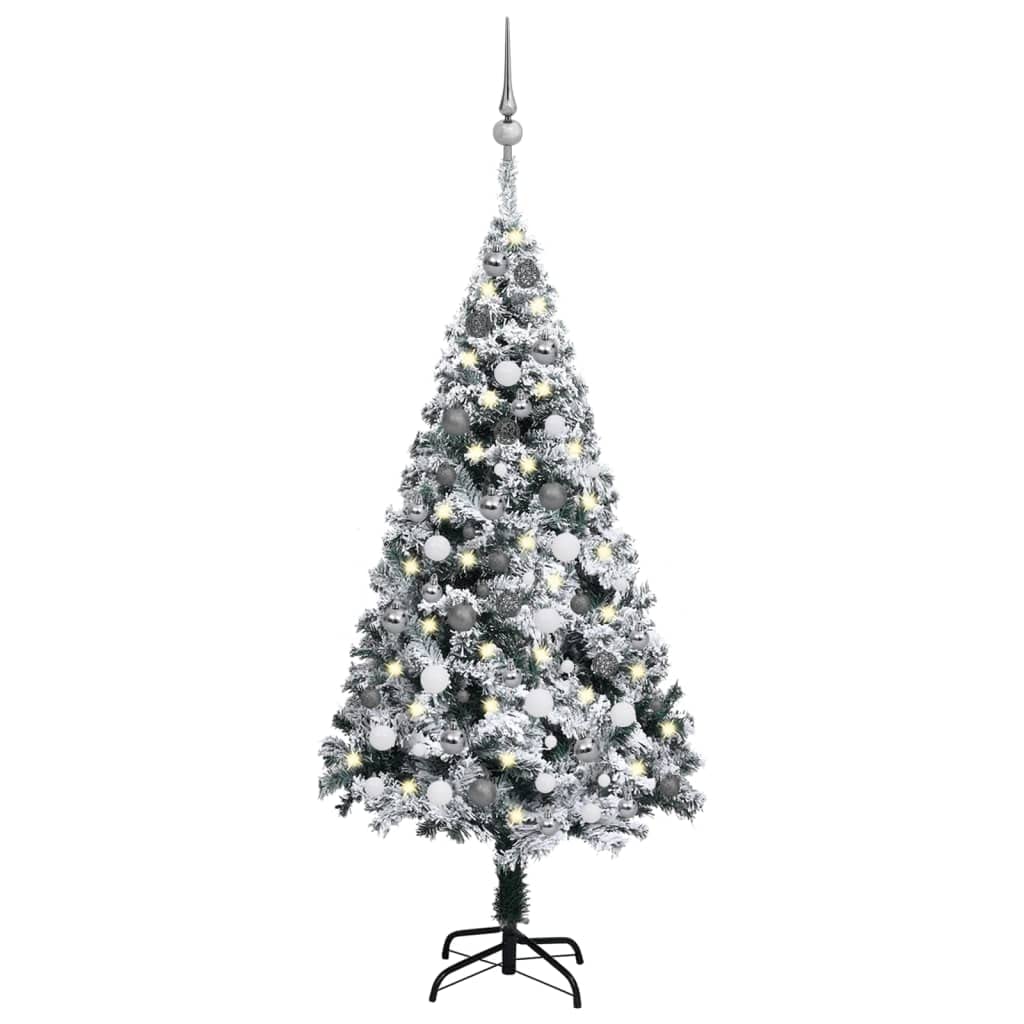 5ft Snow Flocked Artificial Christmas Tree with 150 Warm White LED Lights, 4-Color Ornament Set & 680 Branch Tips - Sturdy Metal Stand, PVC Holiday Decor for Home, Office, Party (Green/White) | Perfect for Living Room, Christmas Party & Winter Festival Decorations