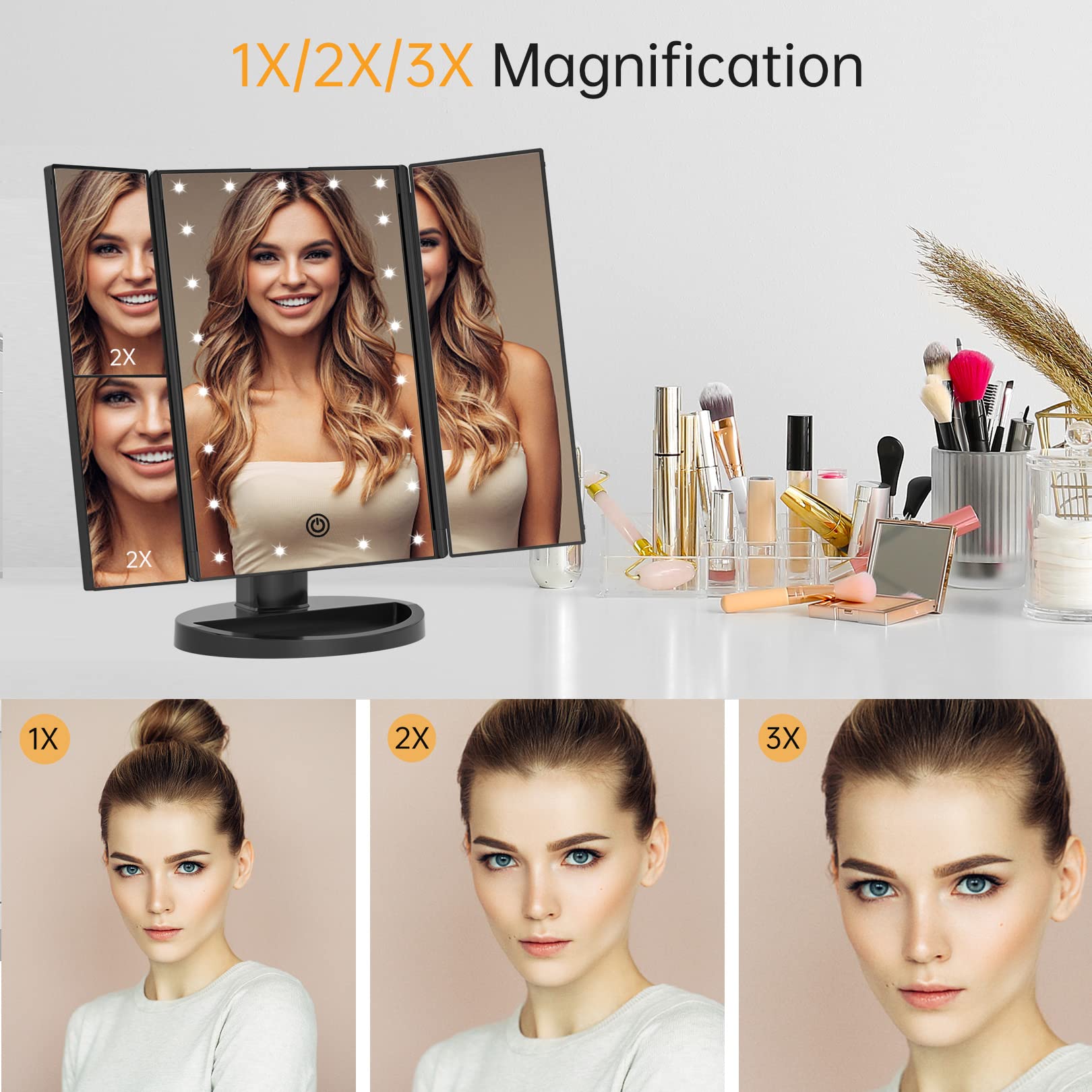 FASCINATE Lighted Makeup Mirror with 21 LED Lights - Trifold Vanity Mirror with 2X/3X Magnification, Touch Screen Dimming & 180° Rotation - Dual Power Supply for Home & Travel - Perfect for Makeup Application, Skincare & Grooming