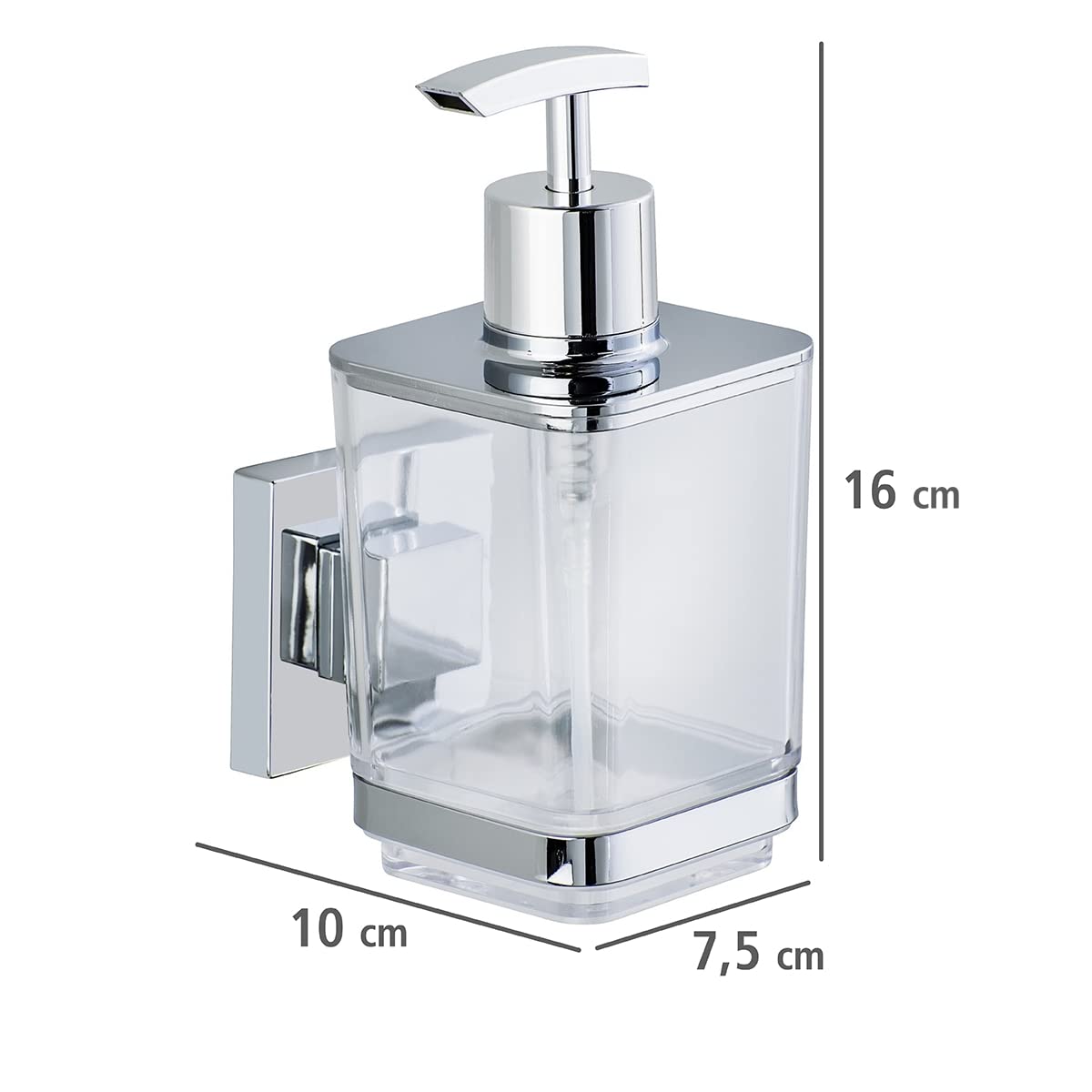 WENKO Vacuum-Loc Soap Dispenser Quadro - Stainless Steel, Silver Shiny (7.5 x 10 x 16 cm) - Perfect for Kitchen, Bathroom, and Office Hygiene
