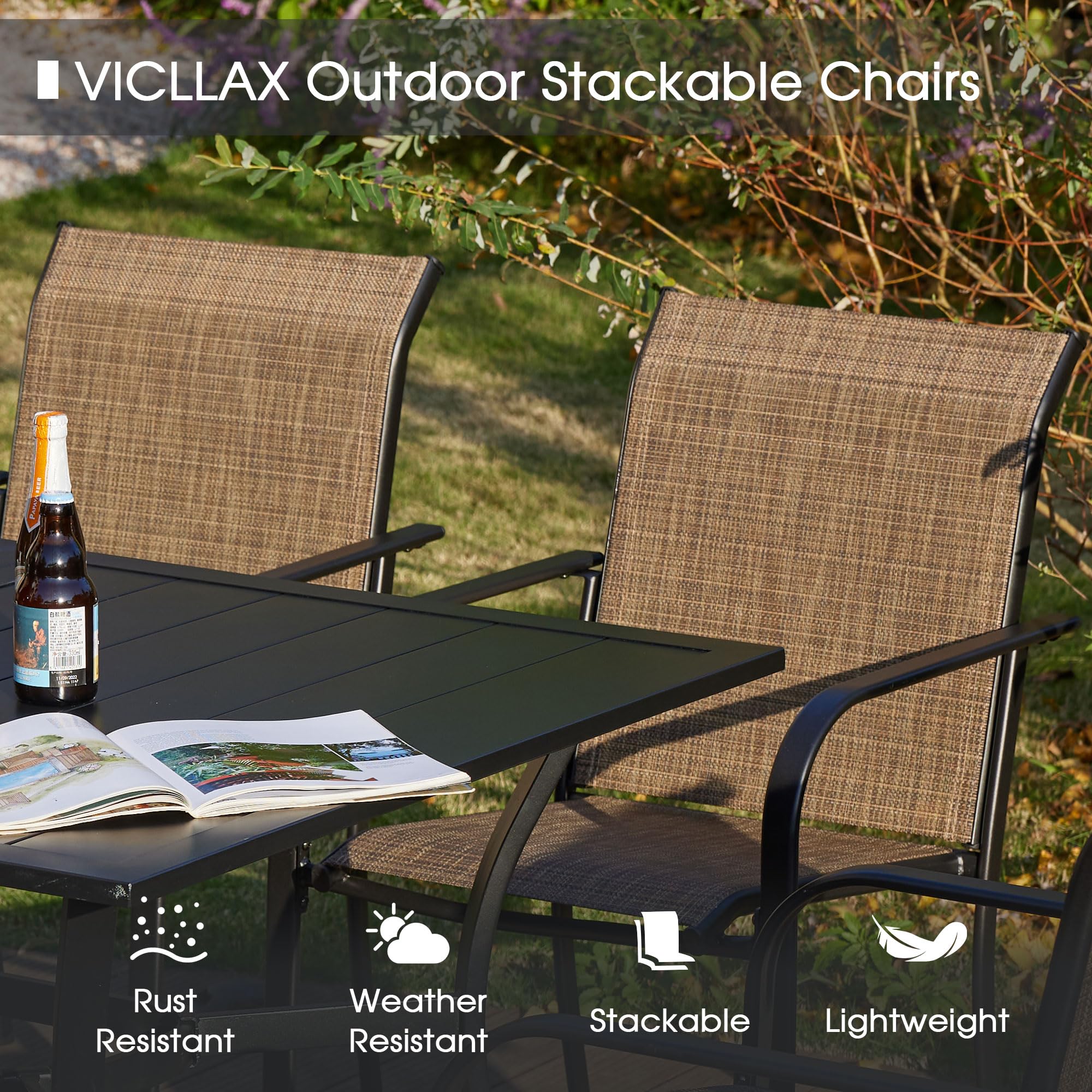 VICLLAX 3-Piece Outdoor Dining Set for 2 - Small Patio Table & 2 Stackable Sling Chairs - Walnut Table with Brown Chairs - Perfect for Backyard, Garden, Balcony or Small Outdoor Spaces