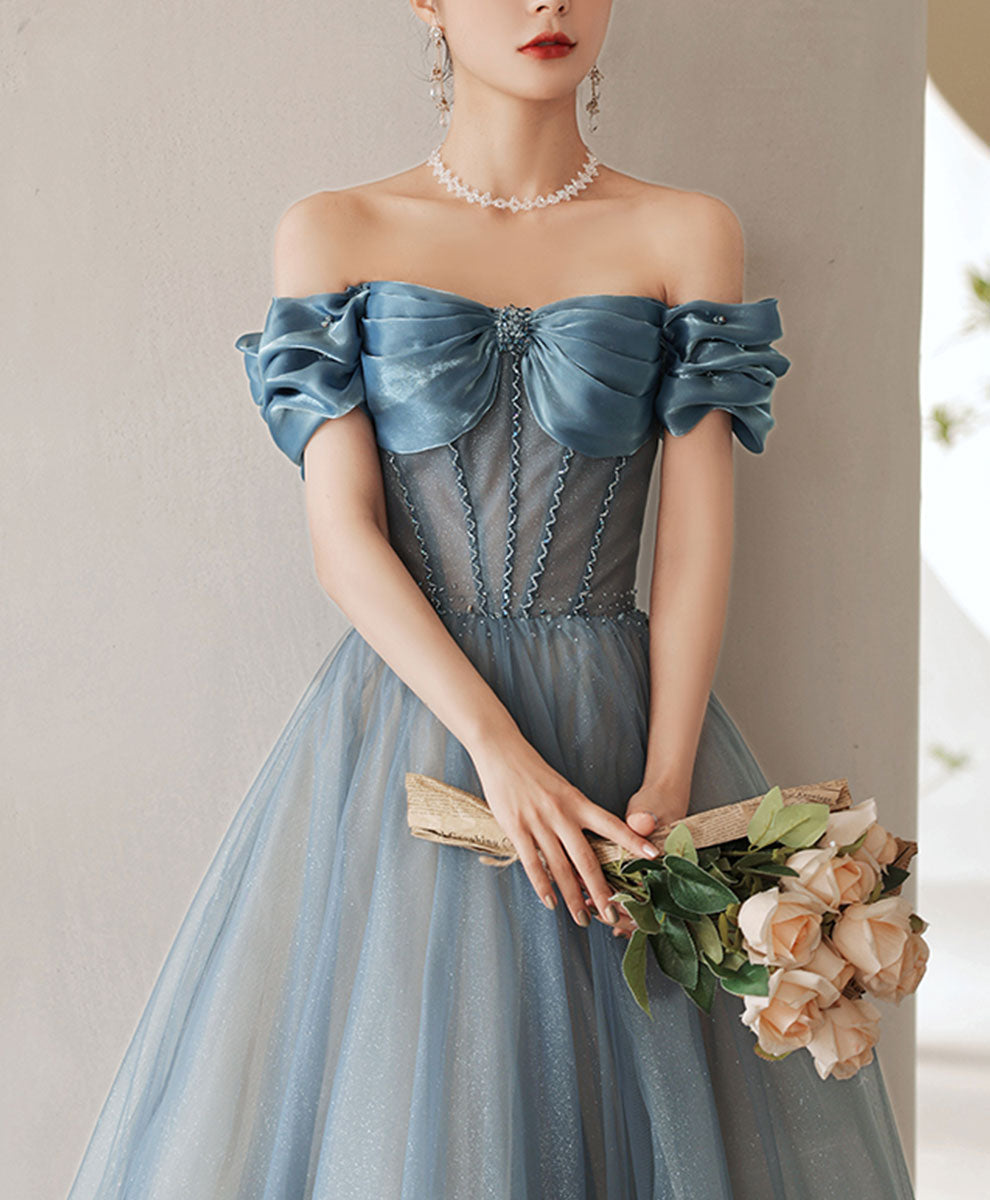 Blue Sweetheart Off Shoulder Tulle Long Prom Dress - Elegant Formal Gown for Homecoming, Evening Party & Special Occasions