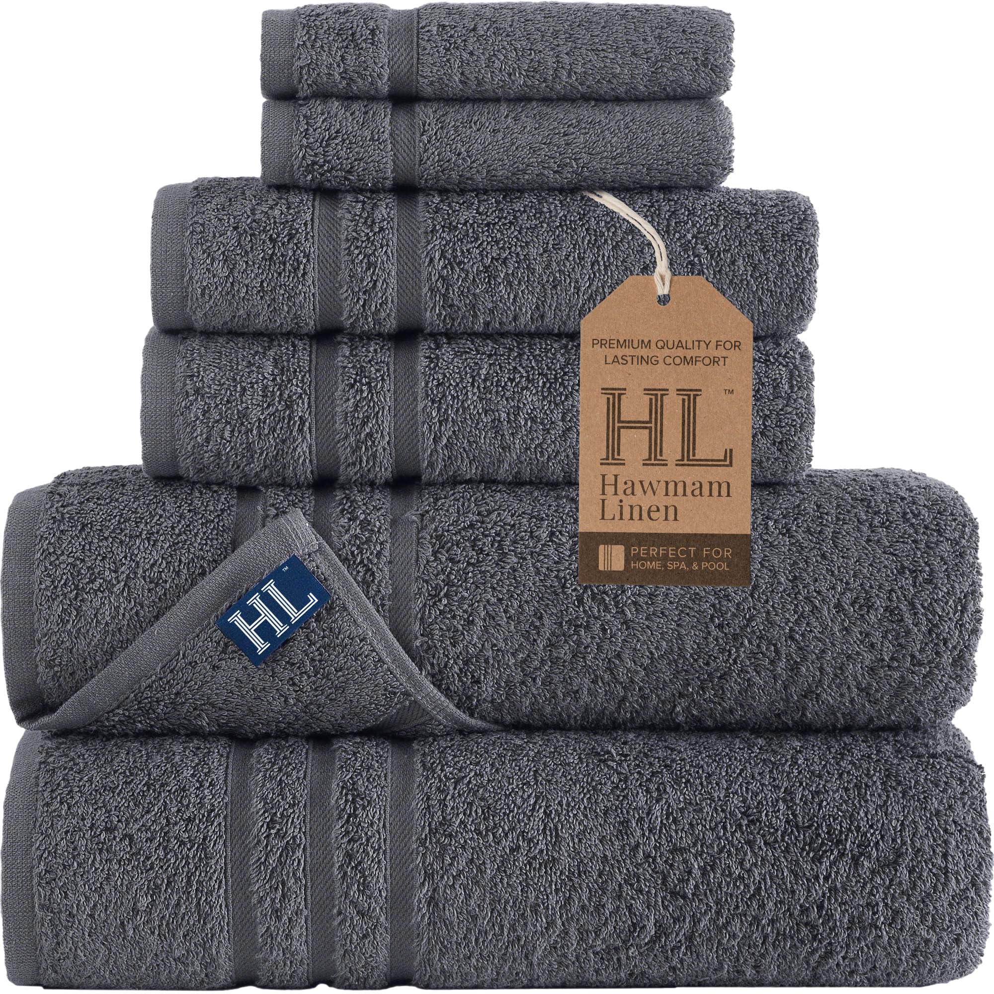 Premium 6-Piece Turkish Cotton Bath Towel Set - 2 Bath Towels, 2 Hand Towels, 2 Washcloths | Ultra Soft, Highly Absorbent Linen Grey Towels for Bathroom & Spa | Luxury Hotel-Quality Bath Linens