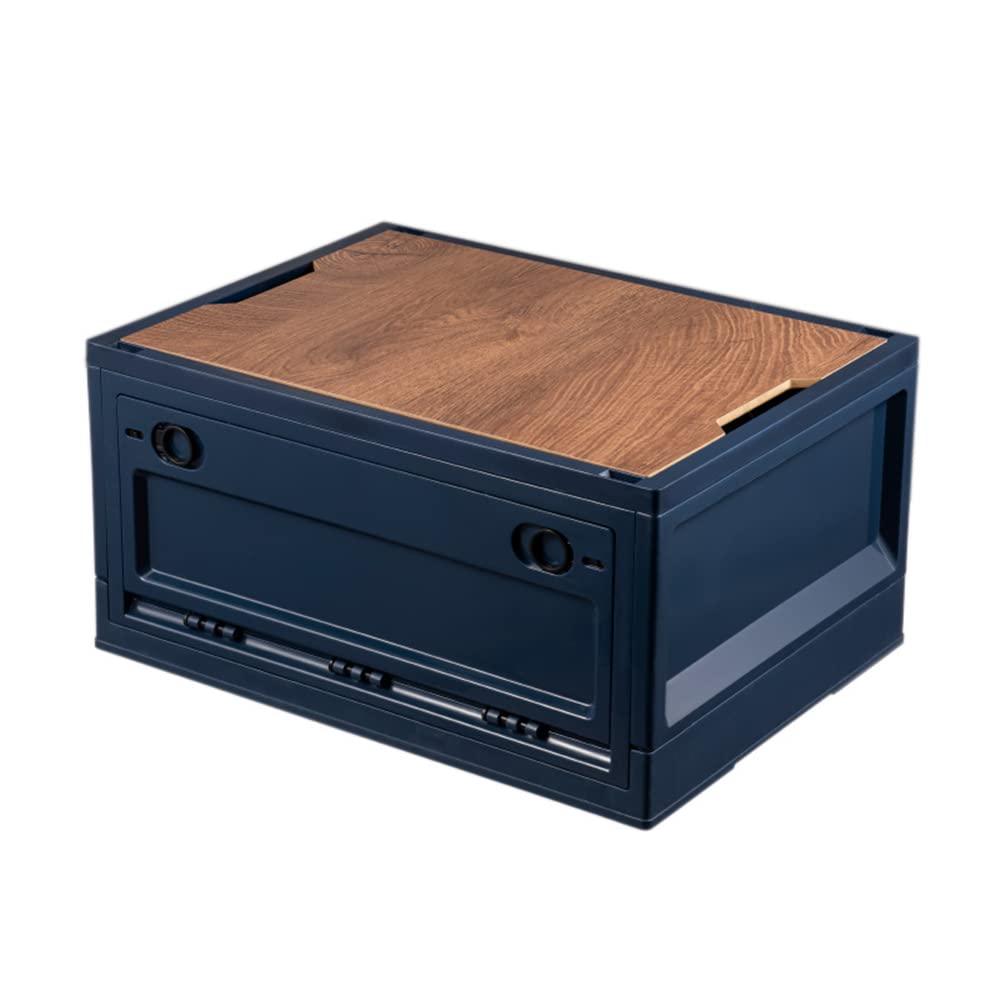 Xicennego 12-Gallon/45L Foldable Storage Bin with Wooden Lid - Large Capacity Stackable Plastic Container for Home Organization, Car Trunk, Camping Gear, Picnic Supplies, Garage & Closet Storage (Navy Blue) | Perfect for Outdoor Adventures & Space-Saving Home Solutions