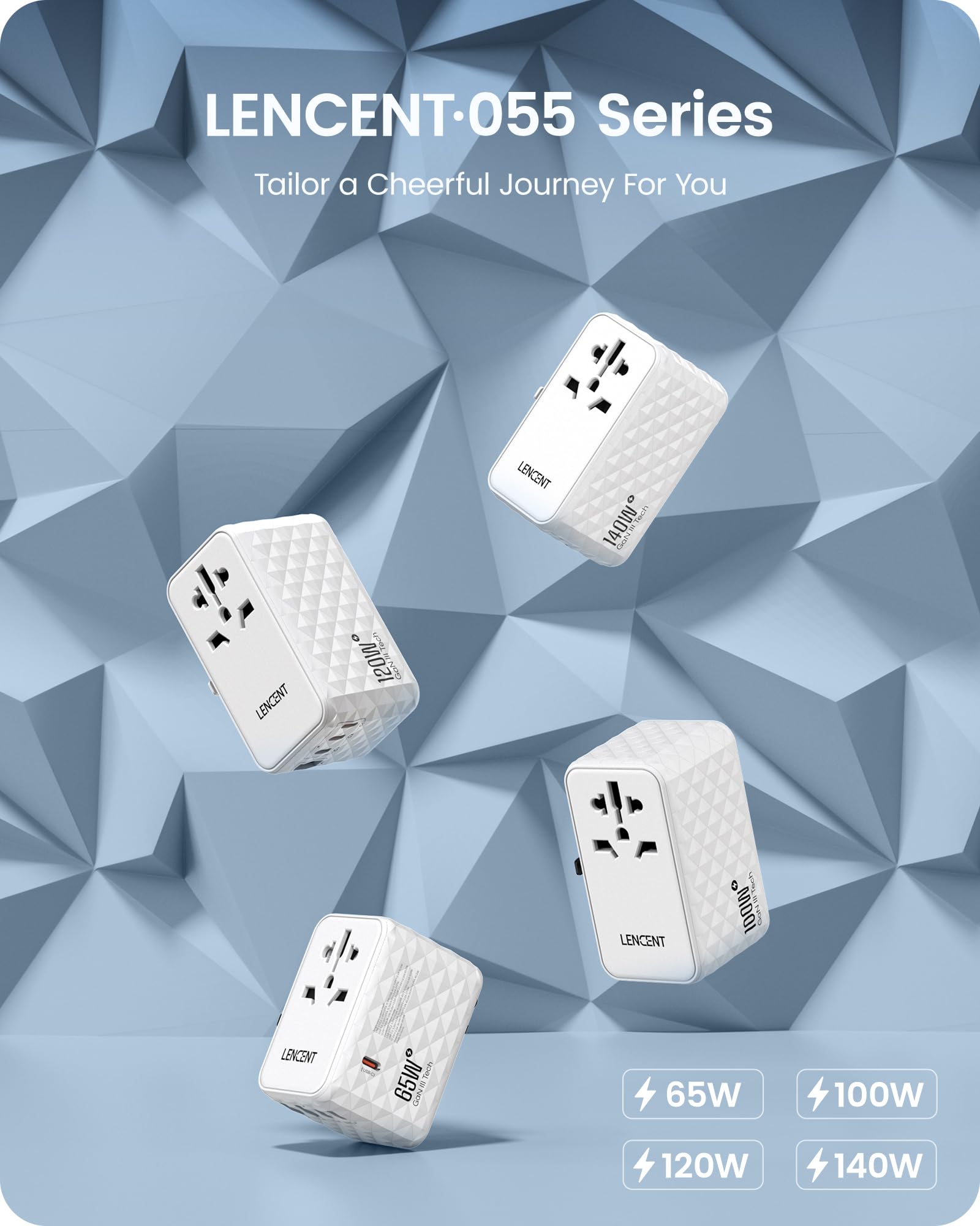 LENCENT 140W GaN Universal Travel Adapter with 1 USB-A & 3 USB-C Ports - Fast Charging for iPhone, MacBook, Samsung - Worldwide Plug (US/UK/EU/AU) - Compact White Power Adapter for Travel, Business & Home Use