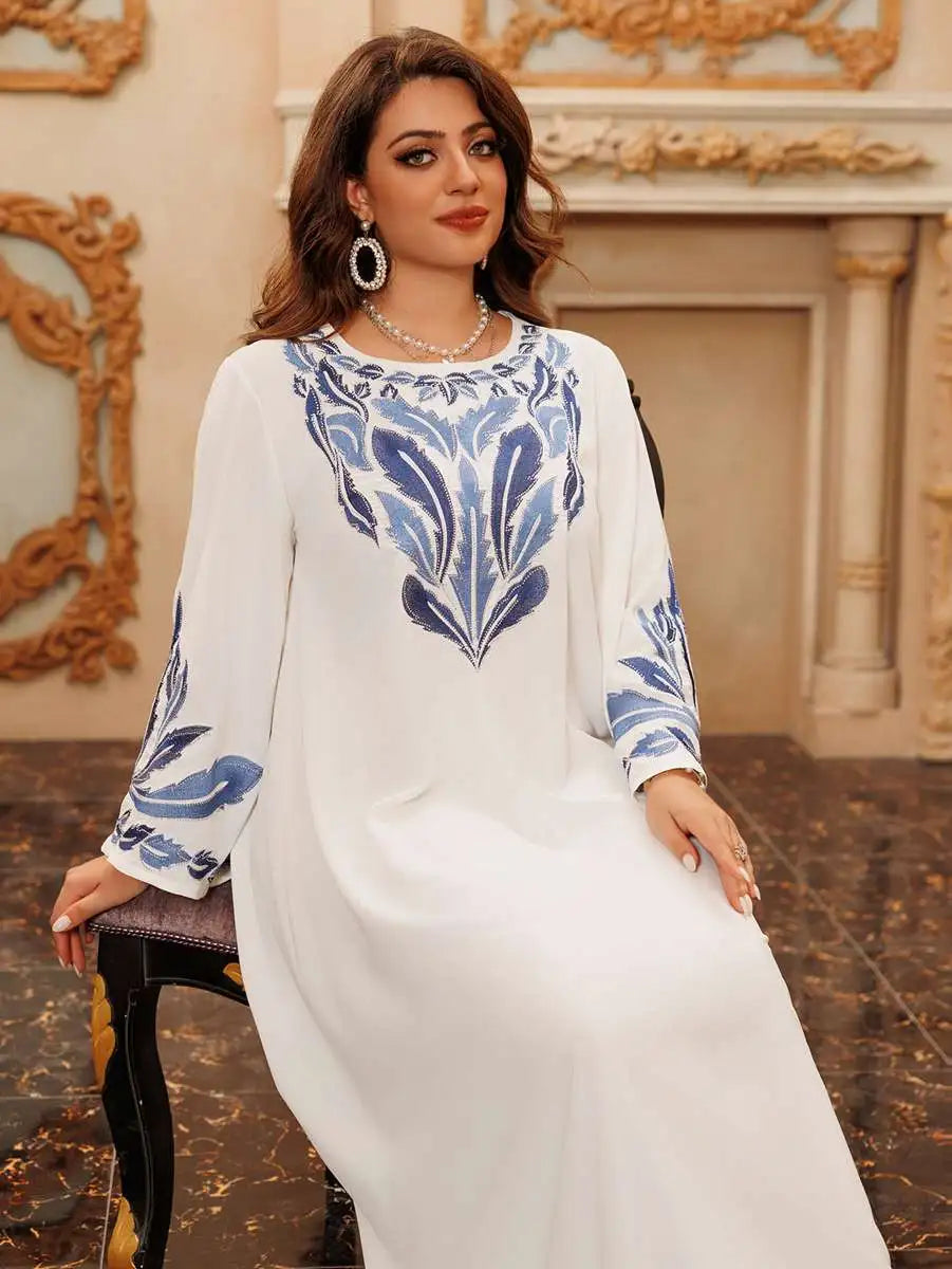 Elegant Eid Embroidery Hotfix Rhinestone Caftan Dress for Women - Perfect for Holiday Parties, Weddings & Special Occasions