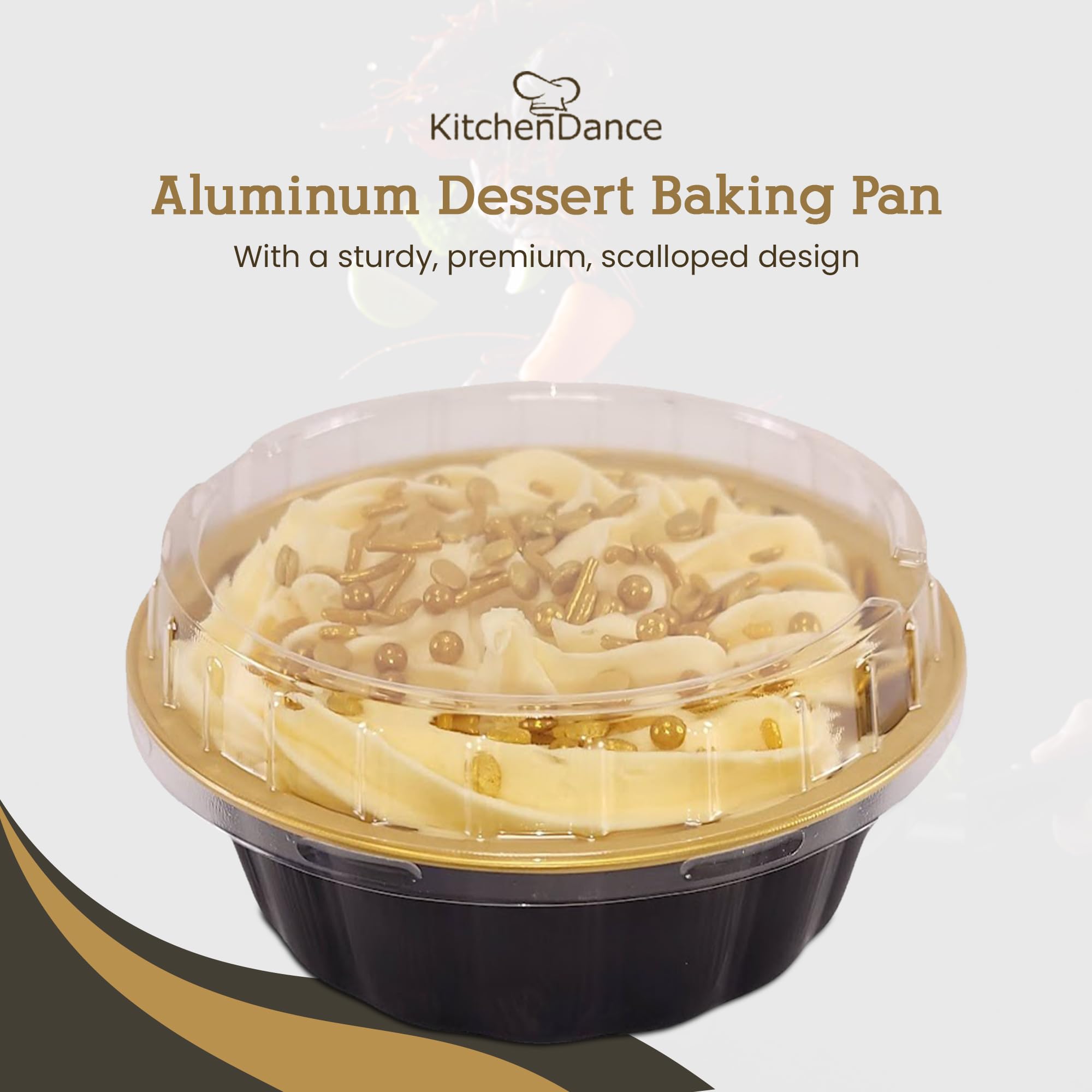 KitchenDance 8 oz Disposable Round Aluminum Foil Pans with Snap-on Lids - Mini Cake Pans for Baking, Cupcake Containers, Party Dessert Trays - Vibrant Colors & Sturdy Scalloped Design - Perfect for Parties, Picnics, Potlucks & Meal Prep (Set of 12)
