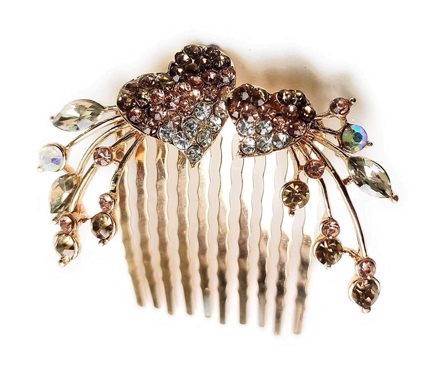 Elegant Rose Gold & Golden Mixed Crystal Double Heart Wedding Tiara Headpiece – Bridal Hair Side Comb for Women, Girls & Teens – Perfect for Weddings, Prom, Parties & Special Occasions (Pack of 1)