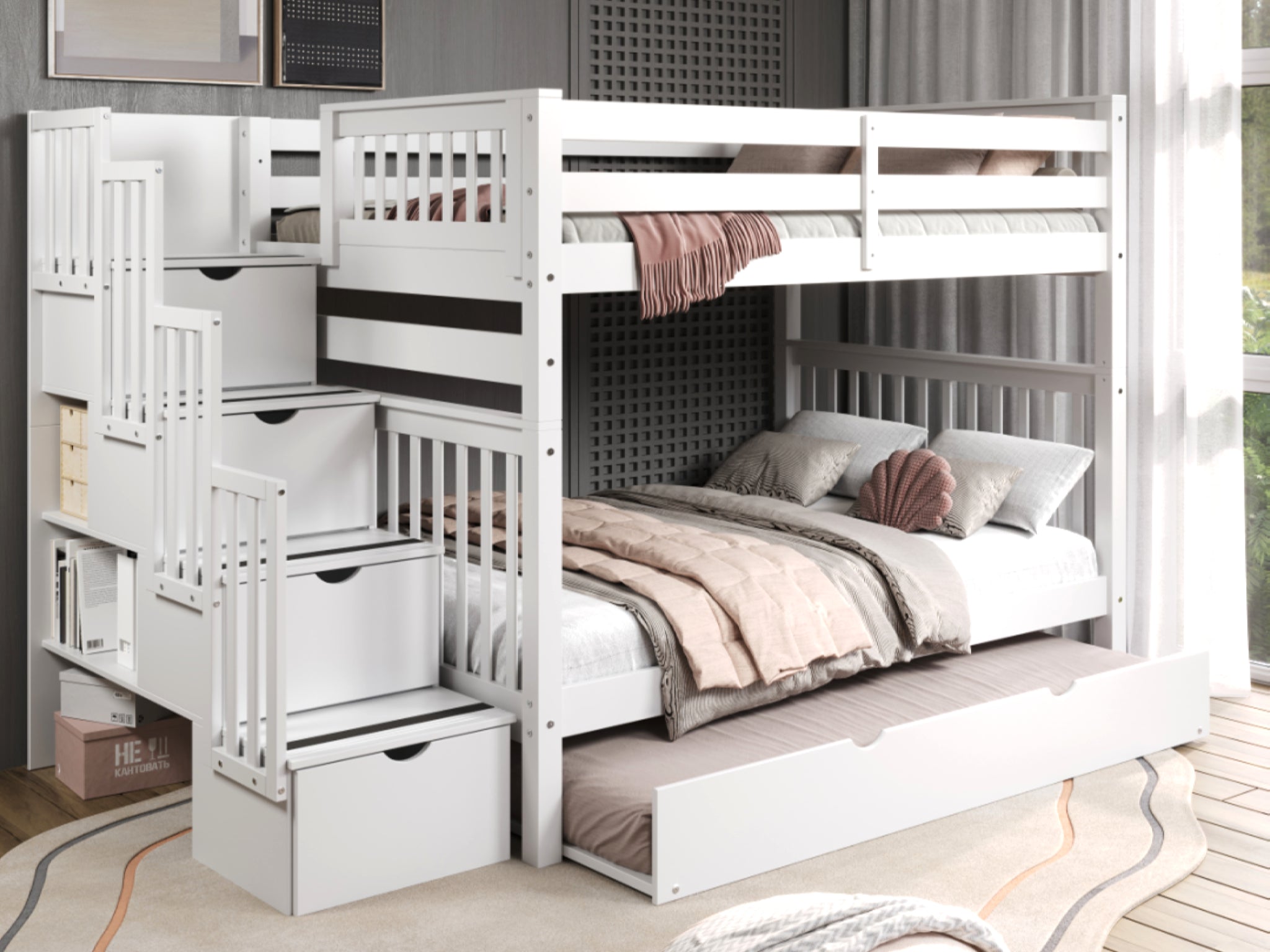 Full over Full Bunk Beds with Stairway & Twin Trundle - White - Space-Saving Kids Bedroom Furniture for Siblings or Sleepovers