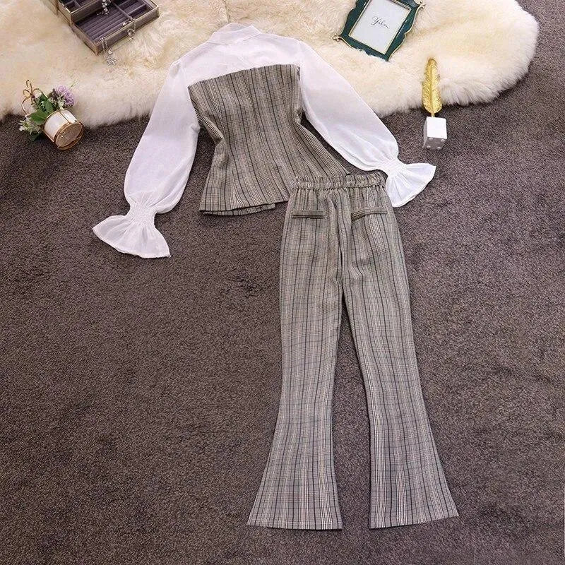 Stylish Women's Flared Plaid Pantsuit - Trendy Office & Casual Outfit for Work, Party & Everyday Wear