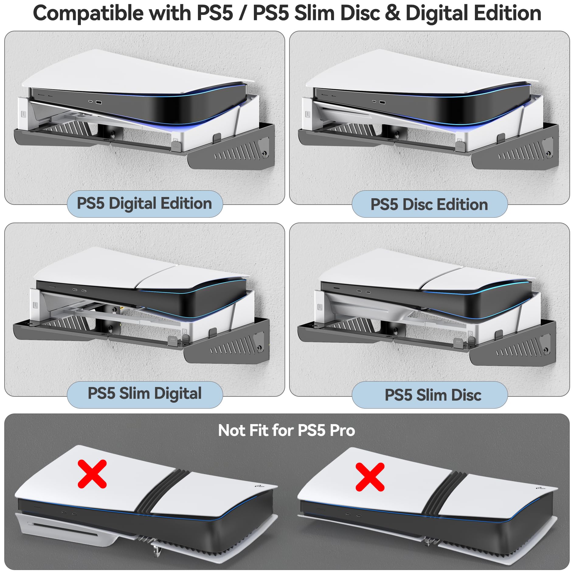 Upgraded PS5 / PS5 Slim Wall Mount Kit - Horizontal Floating Shelf for PS5 Disc & Digital Edition | Stable Screw Fixing Accessories | Perfect for Gaming Room, Bedroom & Small Space Organization