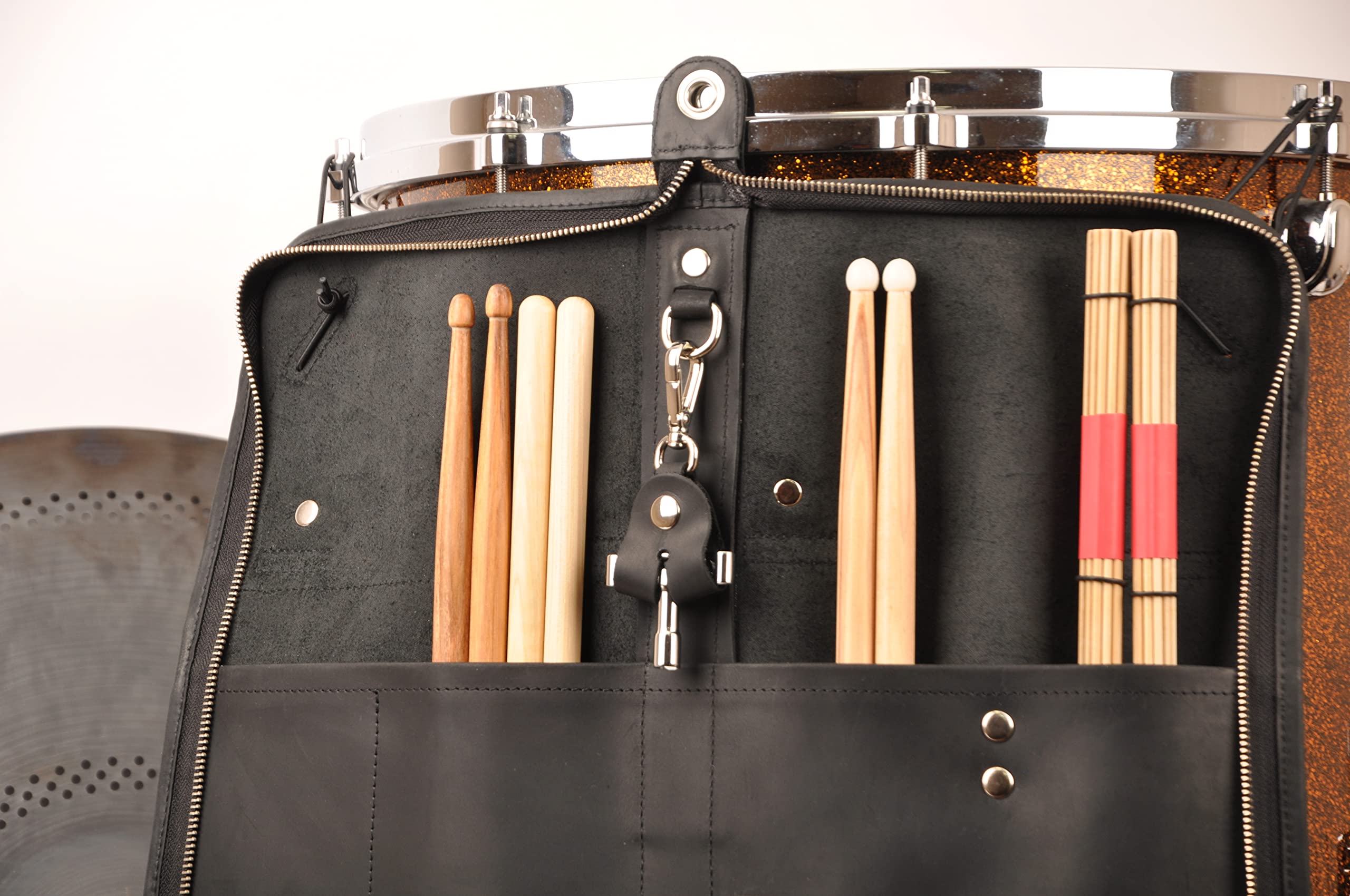 Handmade Genuine Leather Drumstick Bag with Drum Key Holder - Large Black Drum Stick Case for Drummers, Perfect for Gig, Practice & Travel