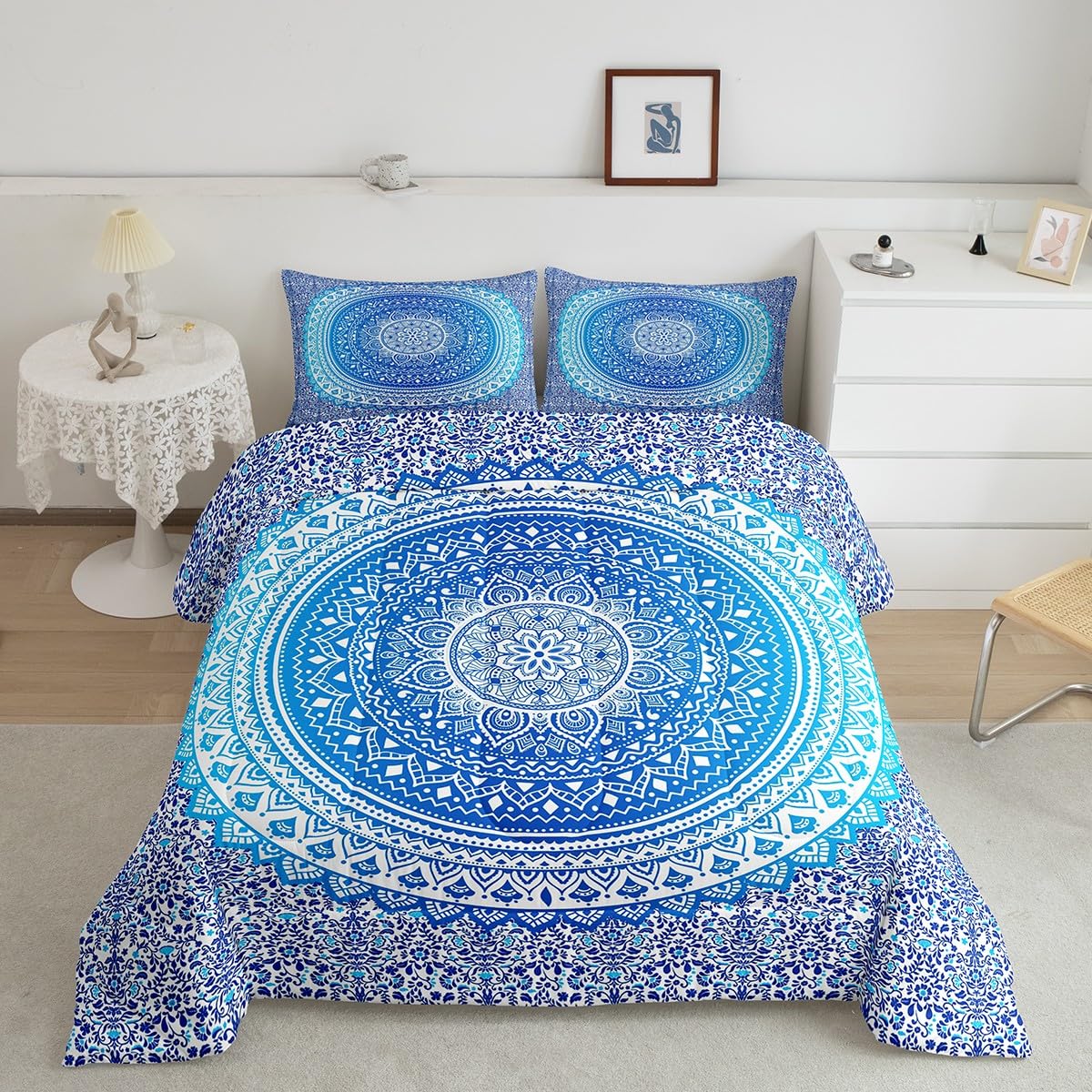 Bohemian Mandala Comforter Set Queen Size - Blue Psychedelic Bedding for Kids & Adults | Lightweight, Soft & Warm | Includes 1 Comforter & 2 Pillowcases | Perfect for Boho, Hippie & Indian Style Bedroom Decor | Great for Teens, Dorms & Guest Rooms