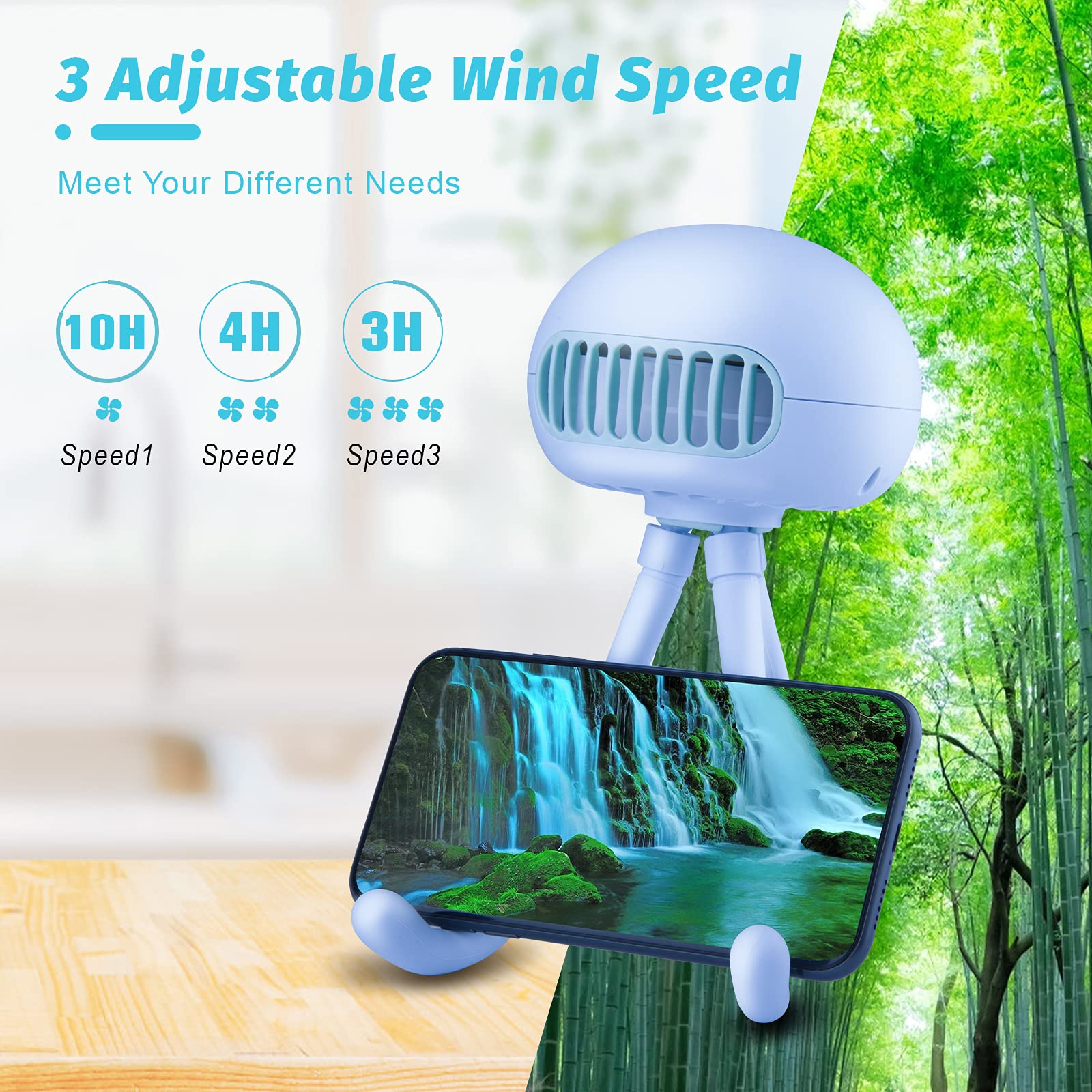 Portable Bladeless Mini Handheld Fan with Flexible Tripod - 3 Speed Rechargeable Clip on Fan for Stroller, Car Seat, Crib, Bike & Office | Perfect for Babies, Travel, Work & Outdoor Activities (Blue)