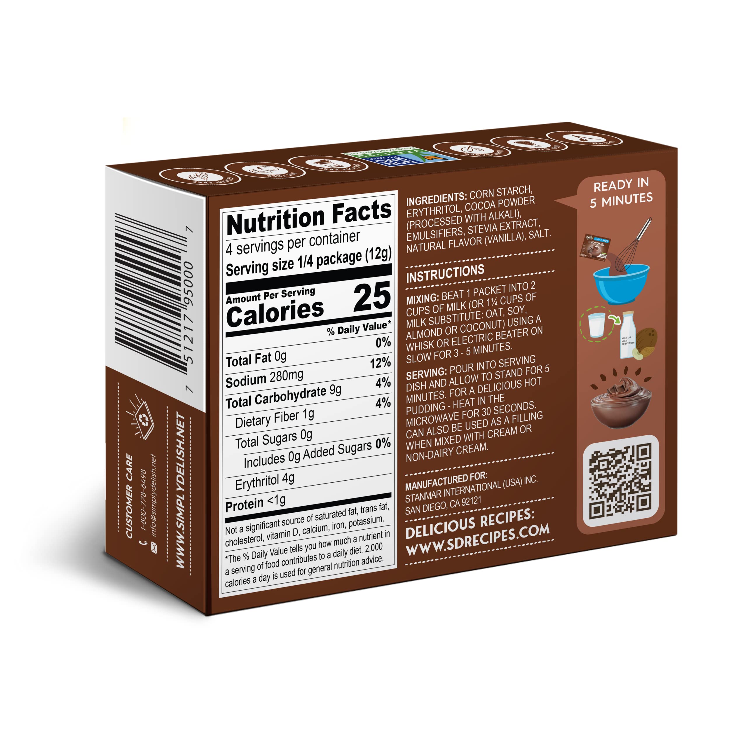 Simply Delish Natural Instant Chocolate Pudding Mix - Sugar Free, Non-GMO, Gluten Free, Fat Free, Vegan & Keto Friendly Dessert - 1.7 oz Pack - Perfect for Snacks, Baking & Healthy Treats