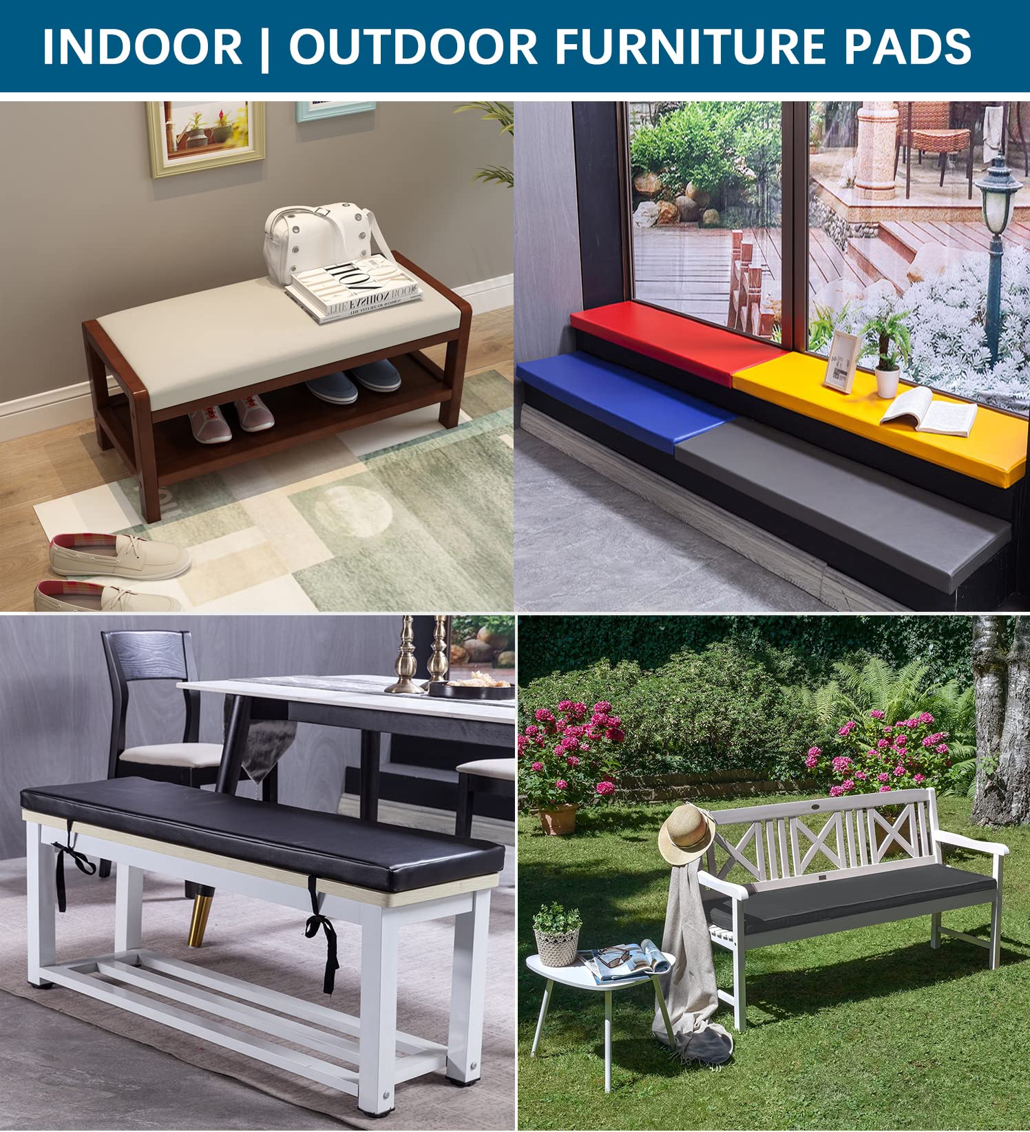 Custom Size Memory Foam Cushion - Waterproof Removable Leather Cover for Indoor Outdoor Patio Furniture & Bench - White (Perfect for Living Room, Garden, Balcony & Office Seating)