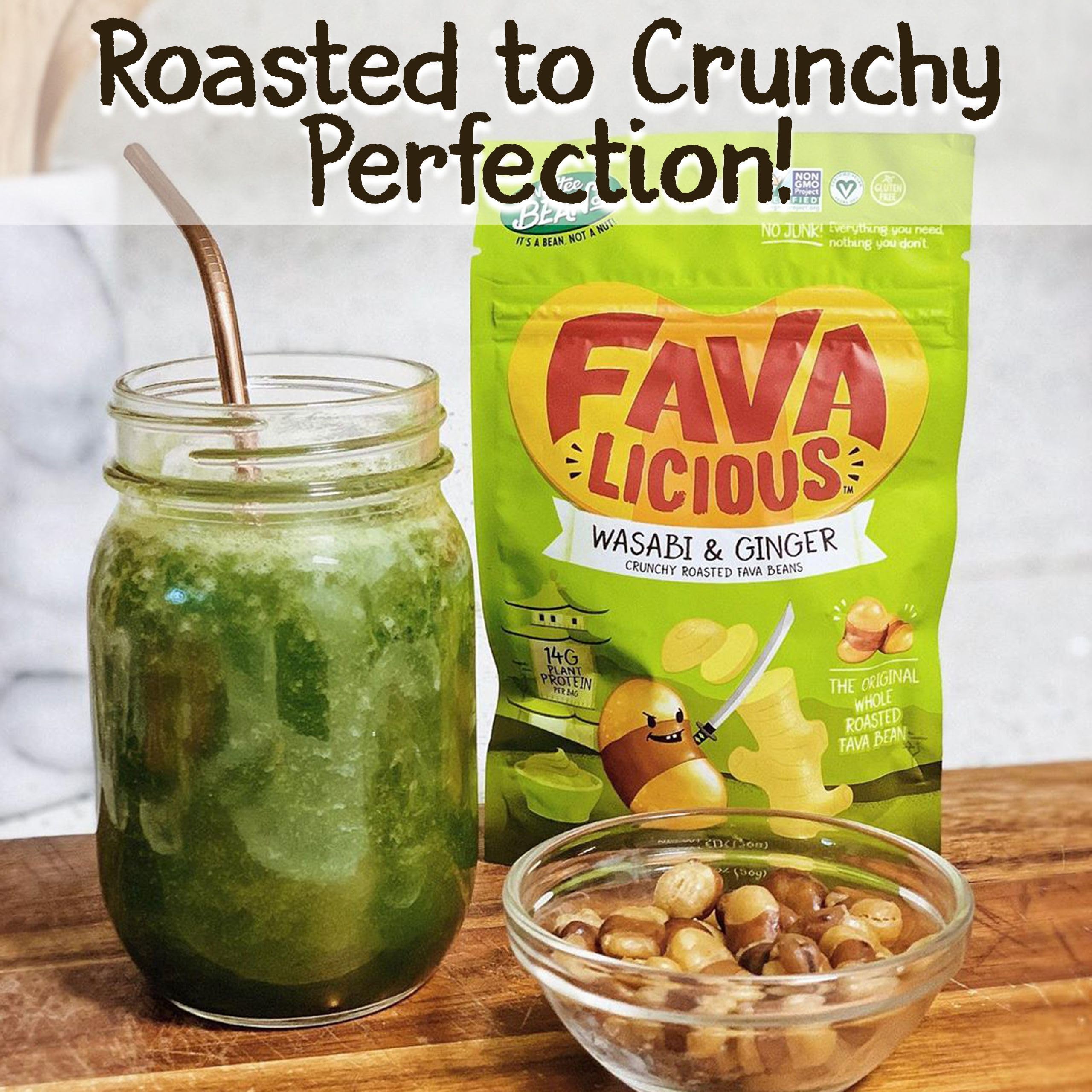 Nuttee Bean Favalicious Roasted Fava Bean Snacks - Vegan, Gluten-Free, Plant-Based Healthy Snacks for Adults & Kids - Wasabi & Ginger Flavor - 2 Oz (Pack of 12) - Perfect for Office, School, Travel & Movie Night Snacking