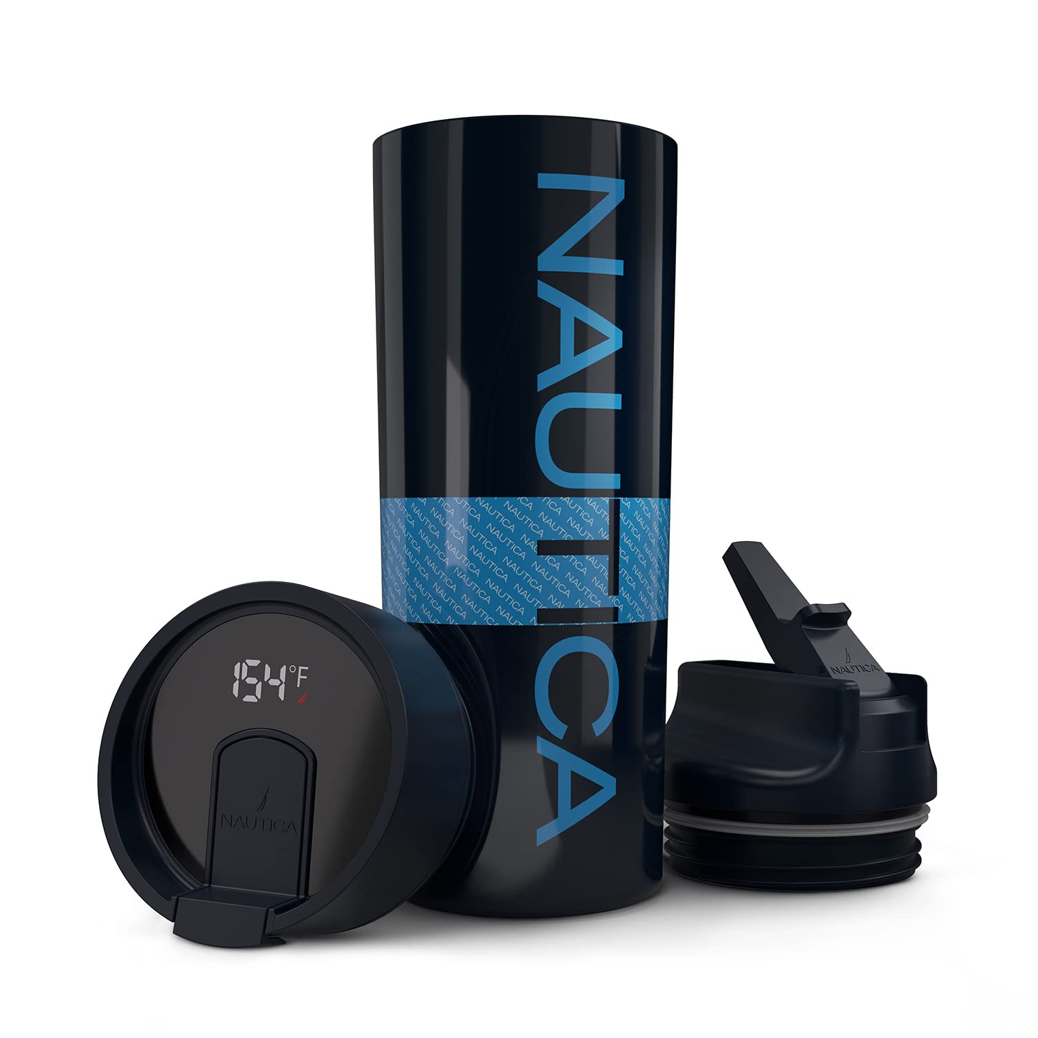 Nautica Smart Coffee Tumbler & Water Bottle - 22oz Stainless Steel Vacuum Insulated Travel Mug with Straw, LED Display & Leakproof Lid - Keeps Drinks Hot/Cold for 24 Hours - Perfect for Gym, Office & Outdoor Activities (Navy Sky Blue)