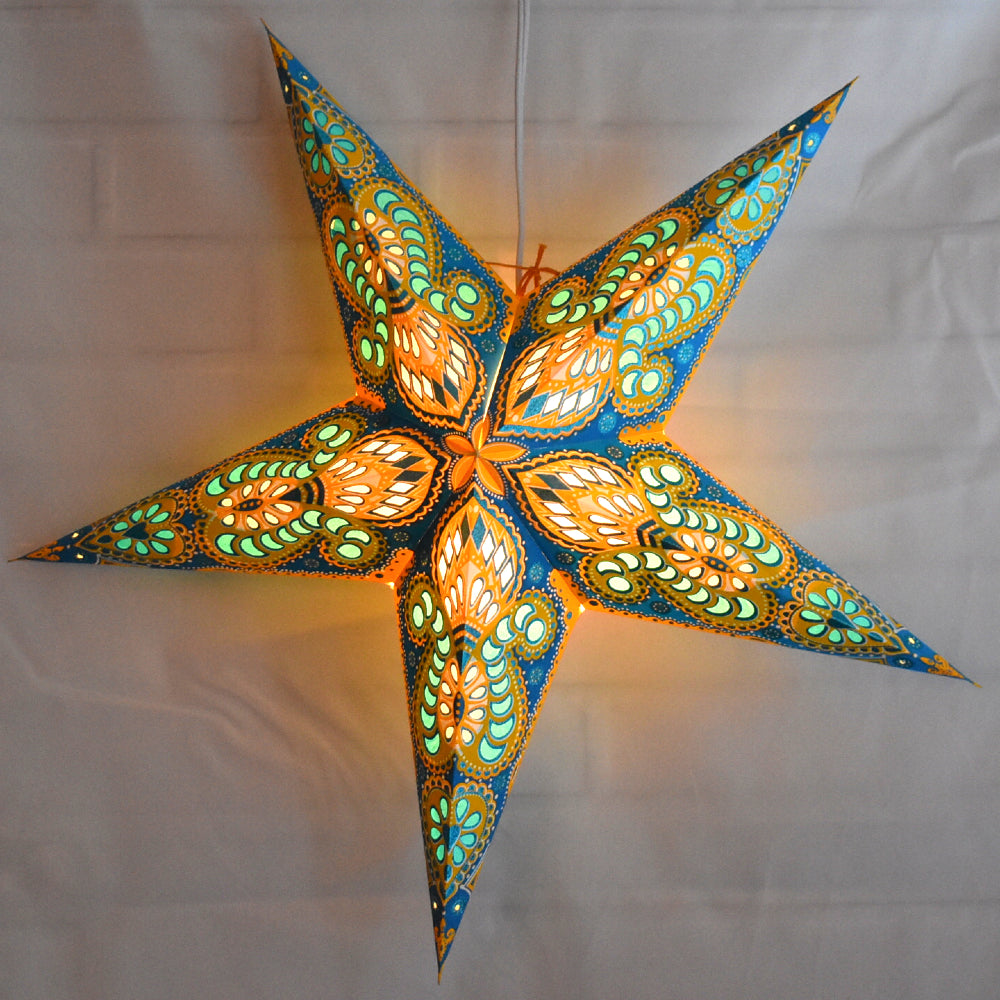 24 Pack Turquoise & Yellow Peacock Glitter Paper Star Lanterns - Hanging Party Decorations for Christmas, Birthday, Wedding & Home Decor