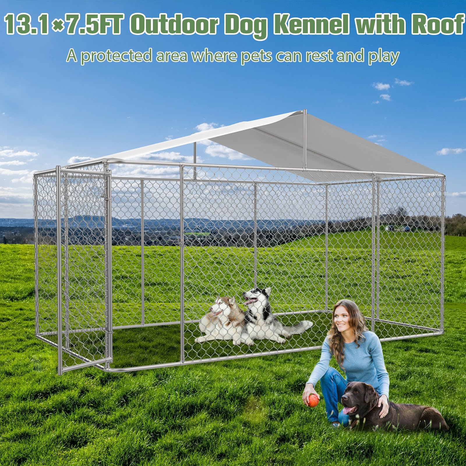 13.1×7.5×7.6FT Heavy Duty Outdoor Dog Kennel with Roof Cover - Large Chain Link Dog Cage Playpen with Lockable Door for Backyard, Garden & Patio (Ideal for Large Breed Dogs Protection & Outdoor Play)