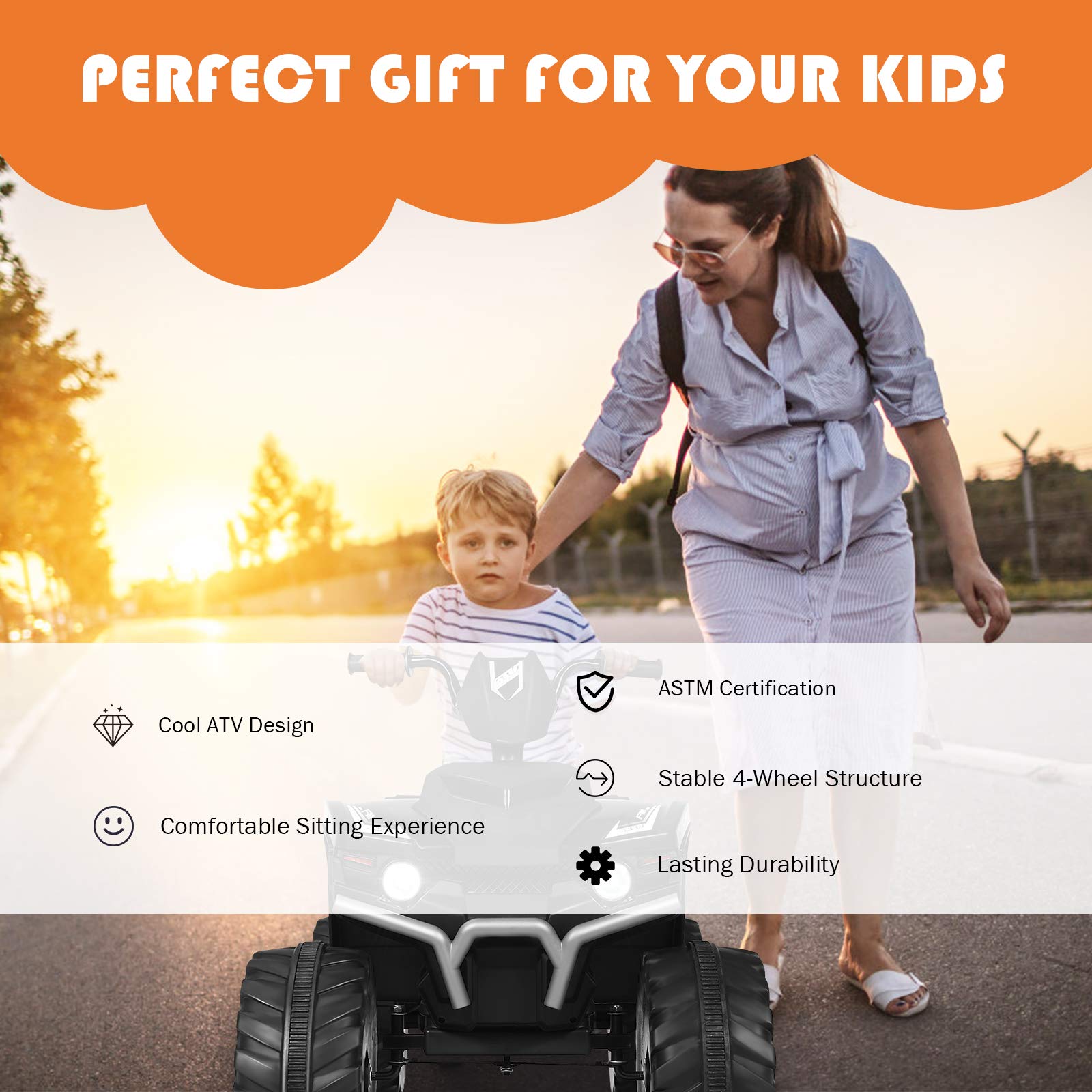 Costzon 12V Kids Electric ATV Ride-On Car with LED Lights, 2 Speed Modes, Horn, Music, USB Port & Treaded Tires - 4 Wheeler Quad for Boys & Girls (Black) | Perfect Birthday Gift & Outdoor Play Vehicle for Ages 3-8