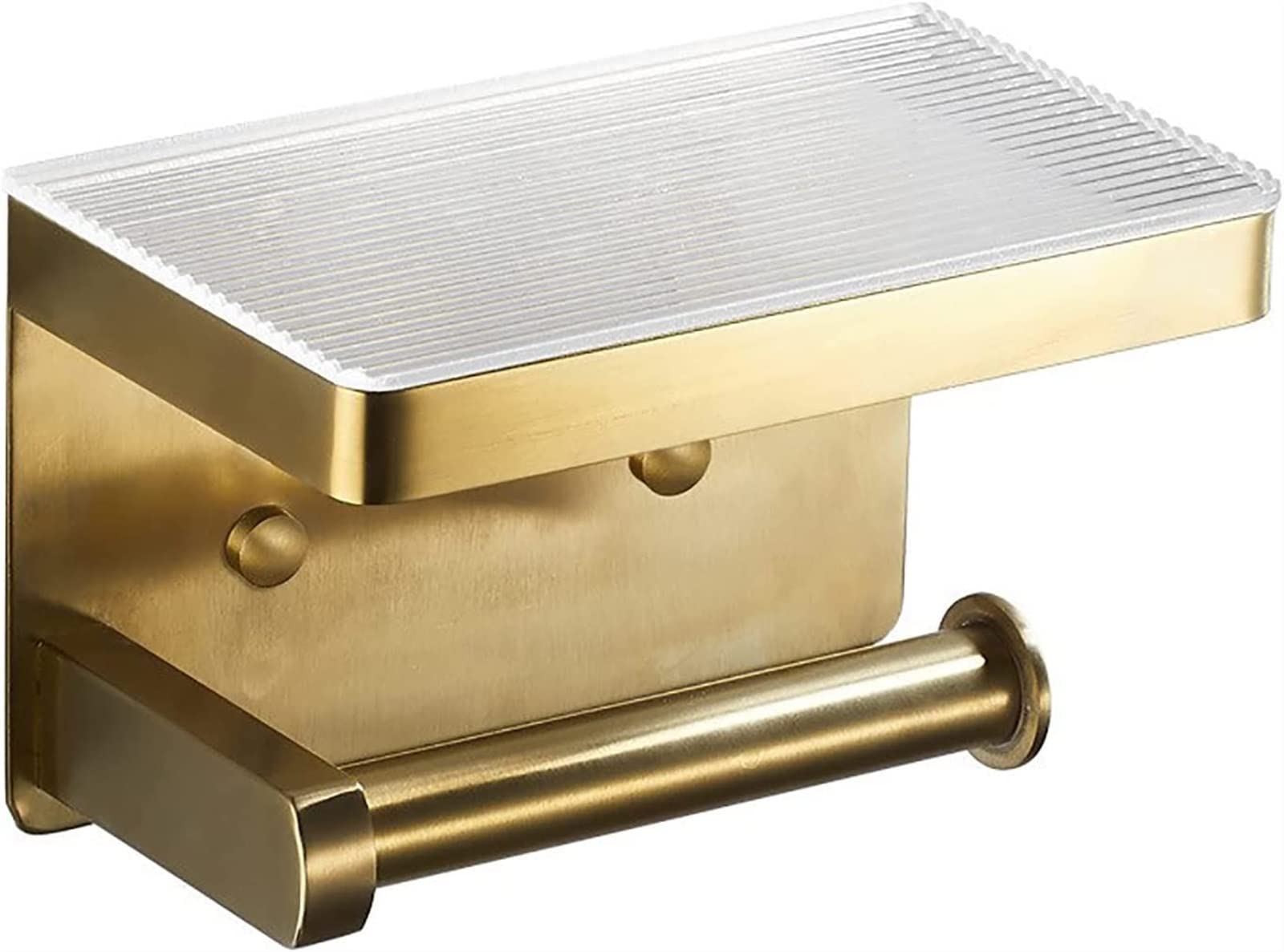 Stainless Steel & Acrylic Wall Mount Toilet Paper Holder with Shelf - Brushed Gold Bathroom Tissue Roll Holder & Towel Rack for Hotel, Kitchen & Home Use - Perfect for Bathroom Organization & Space Saving Storage