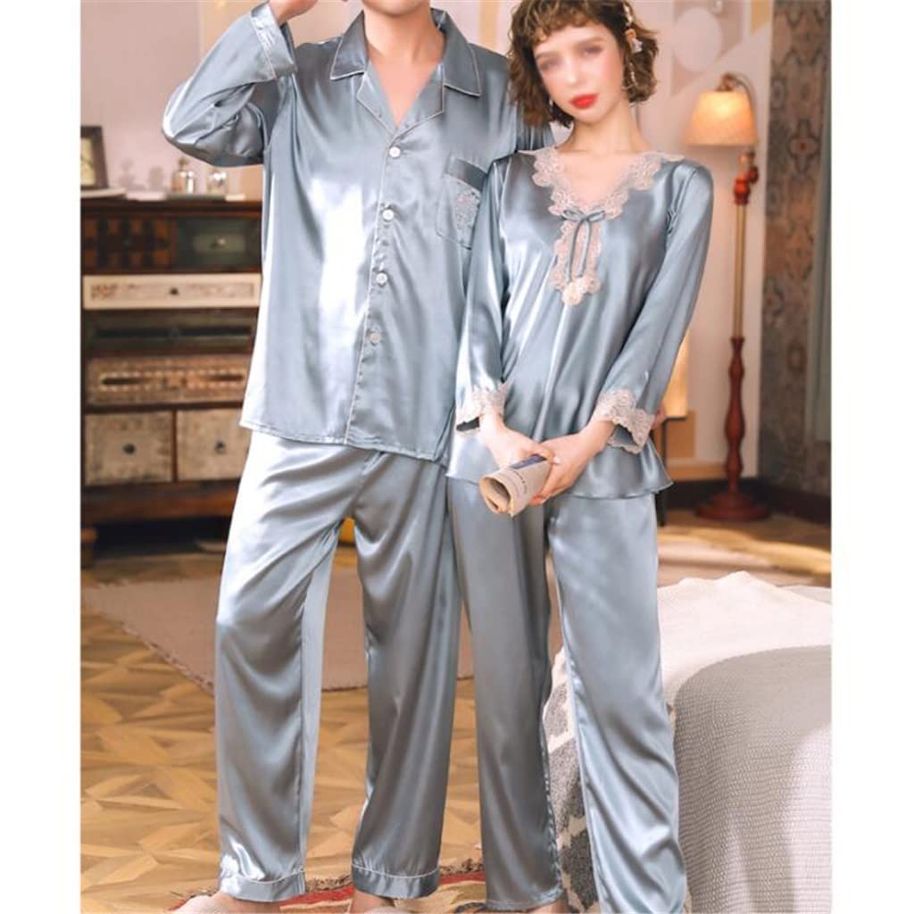 Stylish Men's & Women's Summer Couple Pajama Set - Breathable Ice Silk Long Sleeve Loungewear for Home Relaxation (Color A, Size Women-L) - Perfect for Anniversary Gifts & Cozy Nights