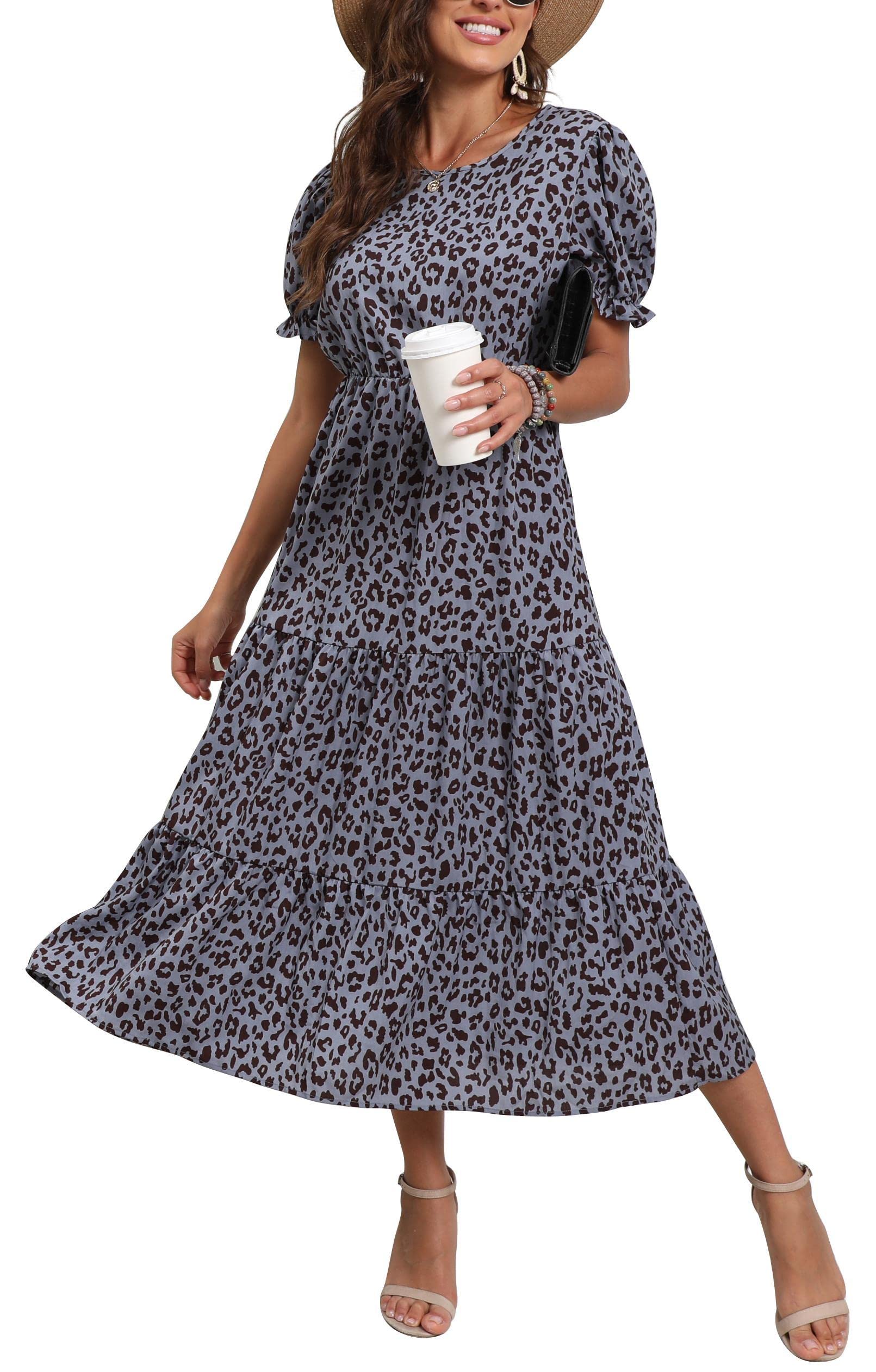 GRECERELLE Women's Boho Floral Midi Dress - Loose Fit Crewneck Ruffle Puff Sleeve High Waist Summer Dress for Casual Wear, Beach Vacation & Date Night Outfits