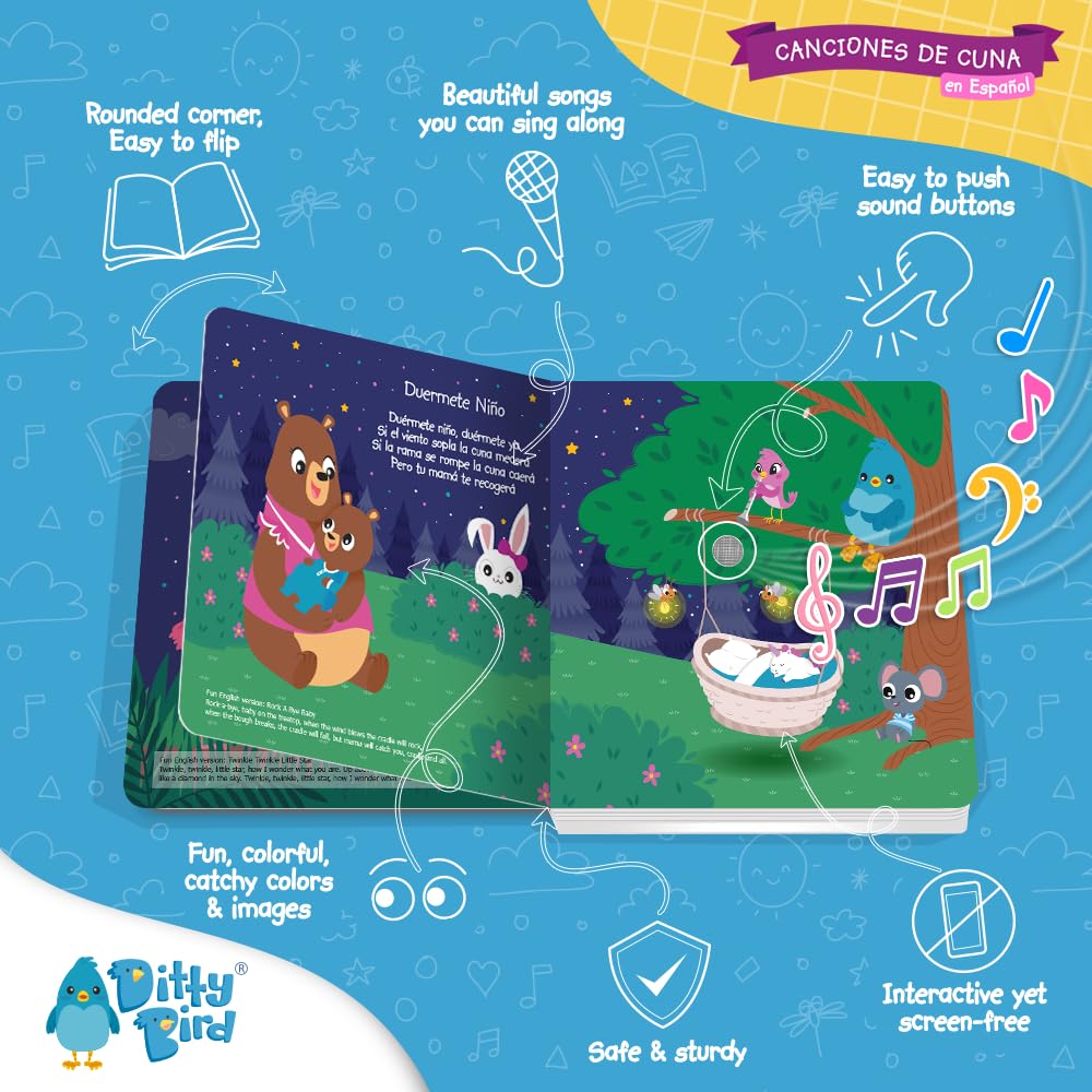 Ditty Bird Spanish Learning Books for Toddlers - Interactive Bedtime Songs & Nursery Rhymes | Bilingual Early Education & Sleep Time Fun