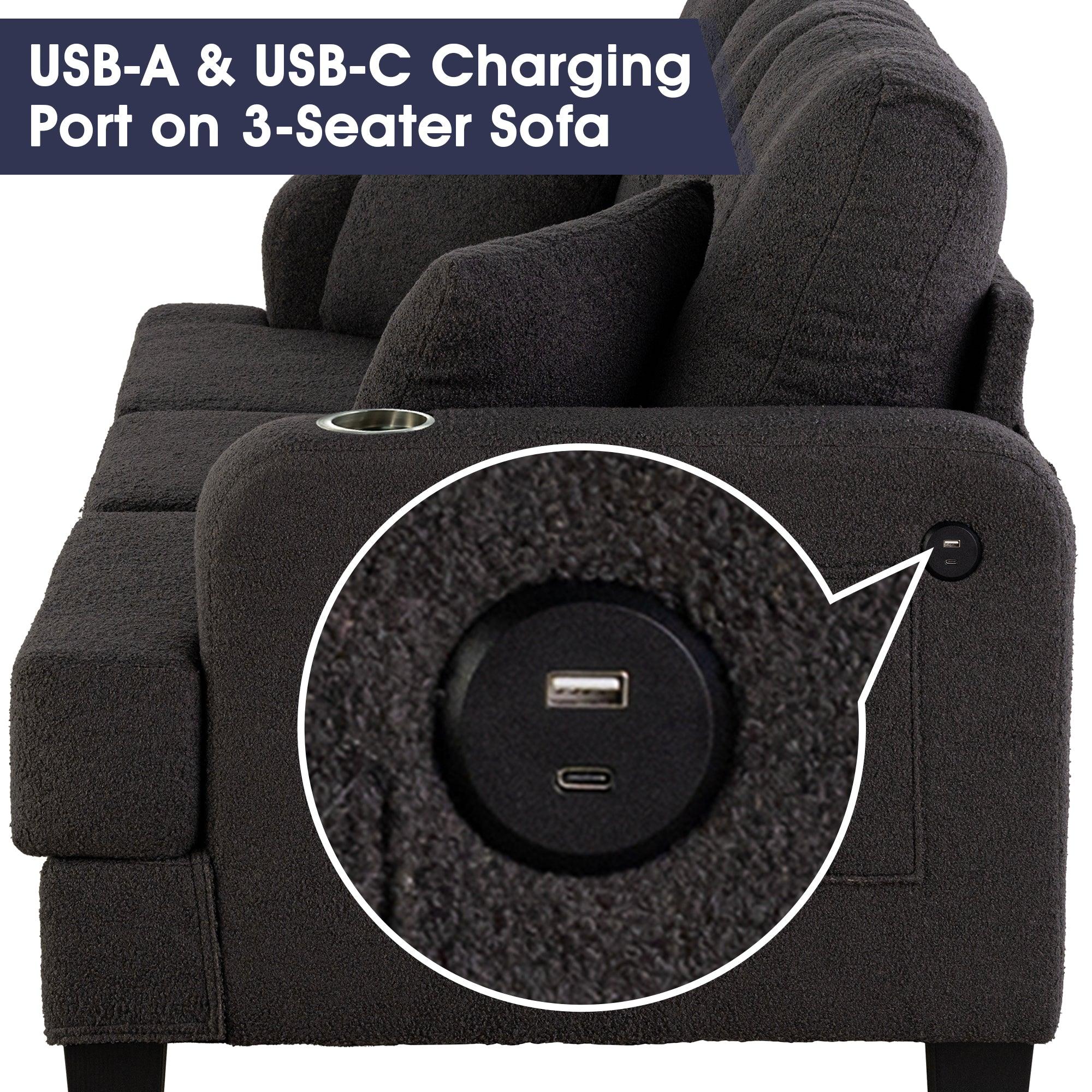 Dark Gray 3-Piece Sofa Set with Storage Ottoman & USB Charging - Modern Living Room Furniture for Small Spaces, Perfect for Apartments, Dorms and Cozy Homes
