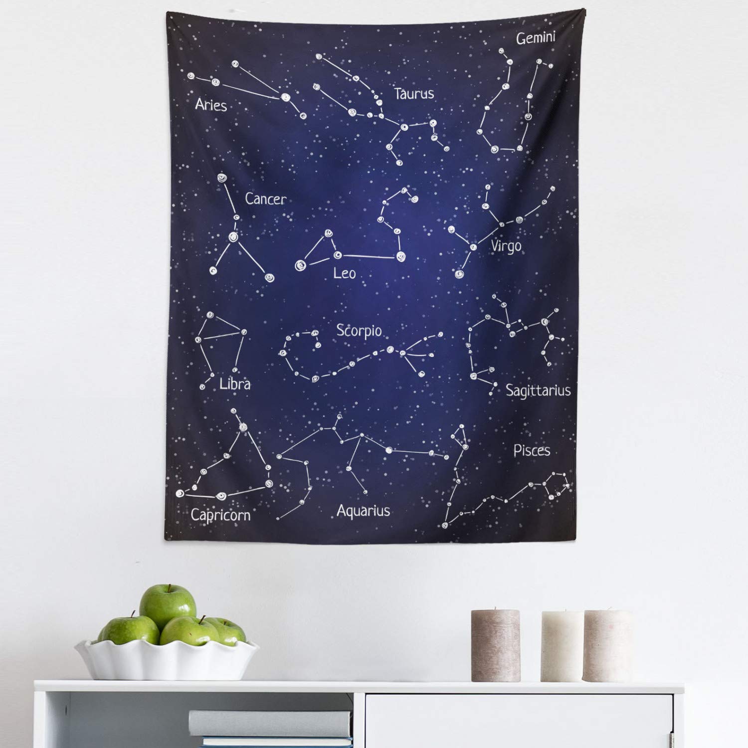 Ambesonne Constellation Tapestry Wall Art - Zodiac Star Clusters & Sign Names in Chalkboard Style - Blue & White Fabric Wall Hanging Decor for Bedroom, Living Room, Dorm (23