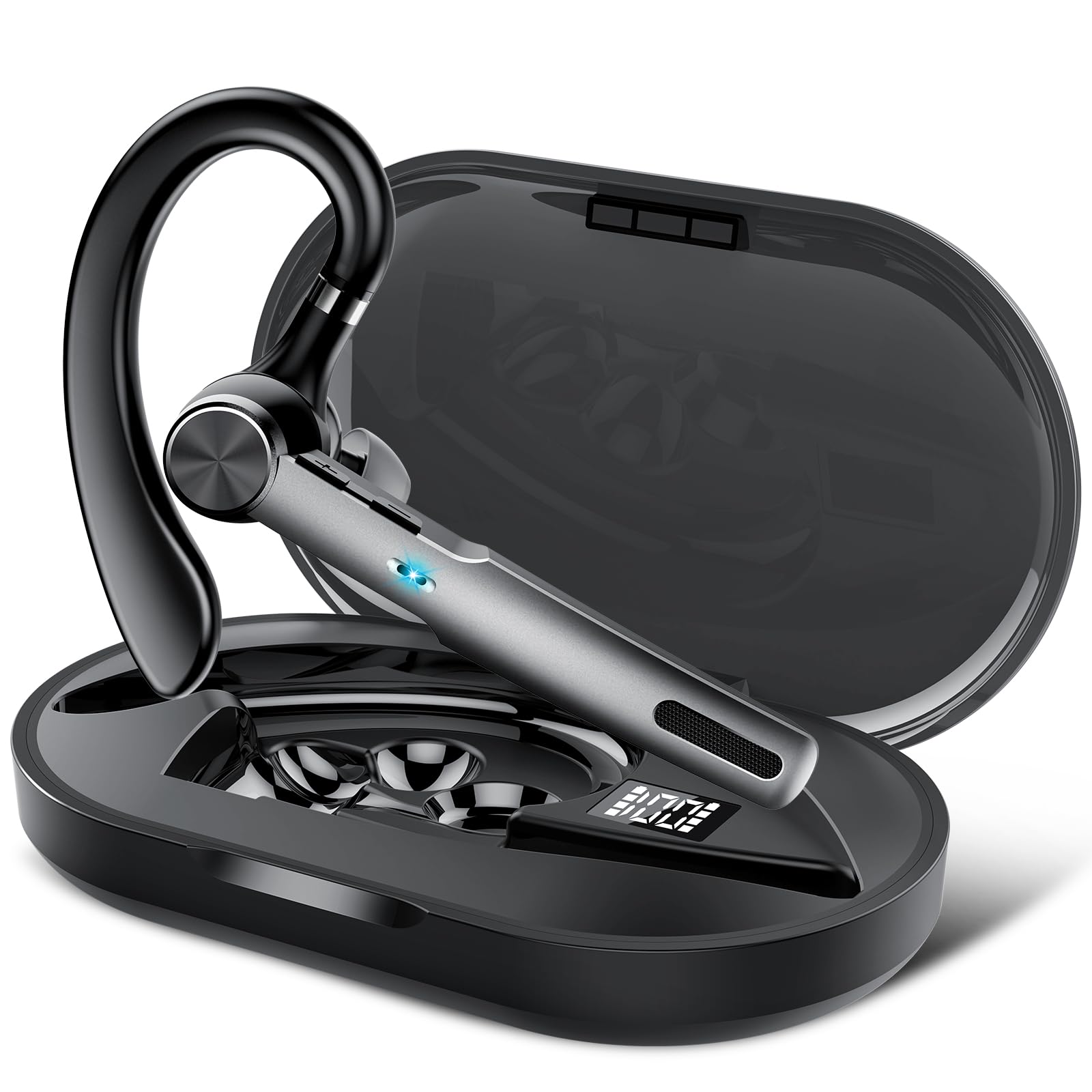 Wireless Bluetooth Headset with ENC Noise Cancelling Mic - 60H Talk Time, Single-Ear V5.3 Earpiece & 400mAh Charging Case - IP7 Waterproof Hands-Free Headphones for iPhone Android Phones (Black) - Perfect for Driving, Office Calls & Remote Work