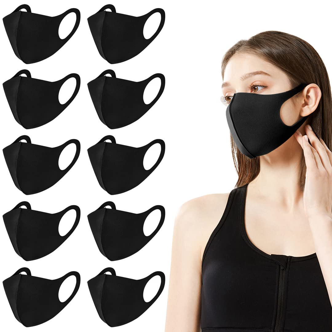 Black Reusable Breathable Cloth Face Mask - 10 Pack Washable & Reusable Cool Face Coverings for Women & Men - Perfect for Daily Use, Travel, and Outdoor Activities