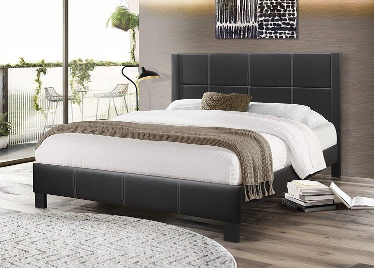 Black Leatherette Platform Bed with Grid Pattern Headboard - Queen Size Bed Frame with Storage, Easy Assembly (Bed in a Box) for Modern Bedroom, Guest Room & Small Space Living