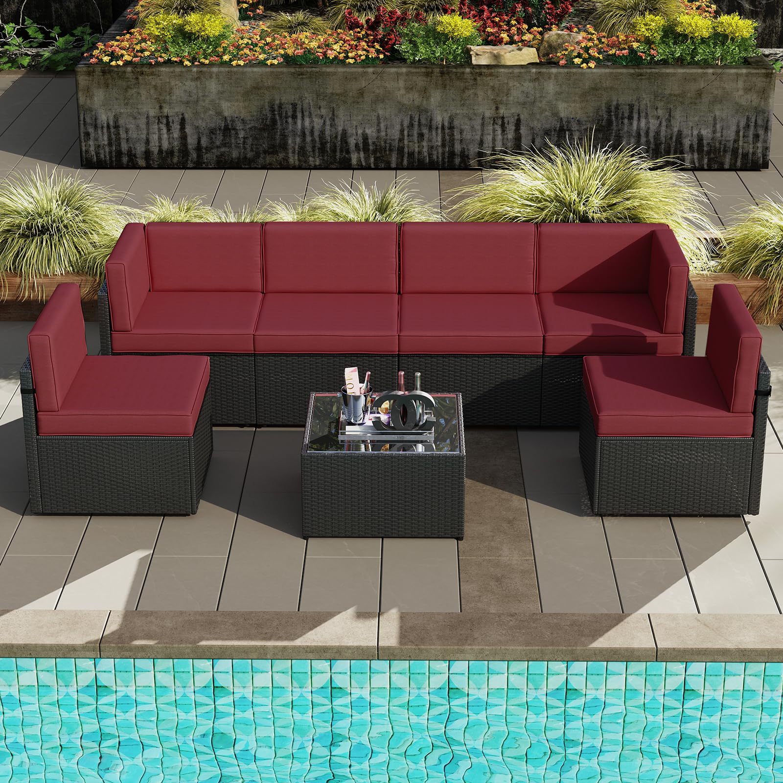 Kinsunny 7-Piece Outdoor Patio Furniture Set - Waterproof Wicker Sectional Sofa with Cushions & Glass Coffee Table - Garden, Backyard, Poolside Lounge Set (Burgundy) - Perfect for Entertaining, Relaxing & Outdoor Dining