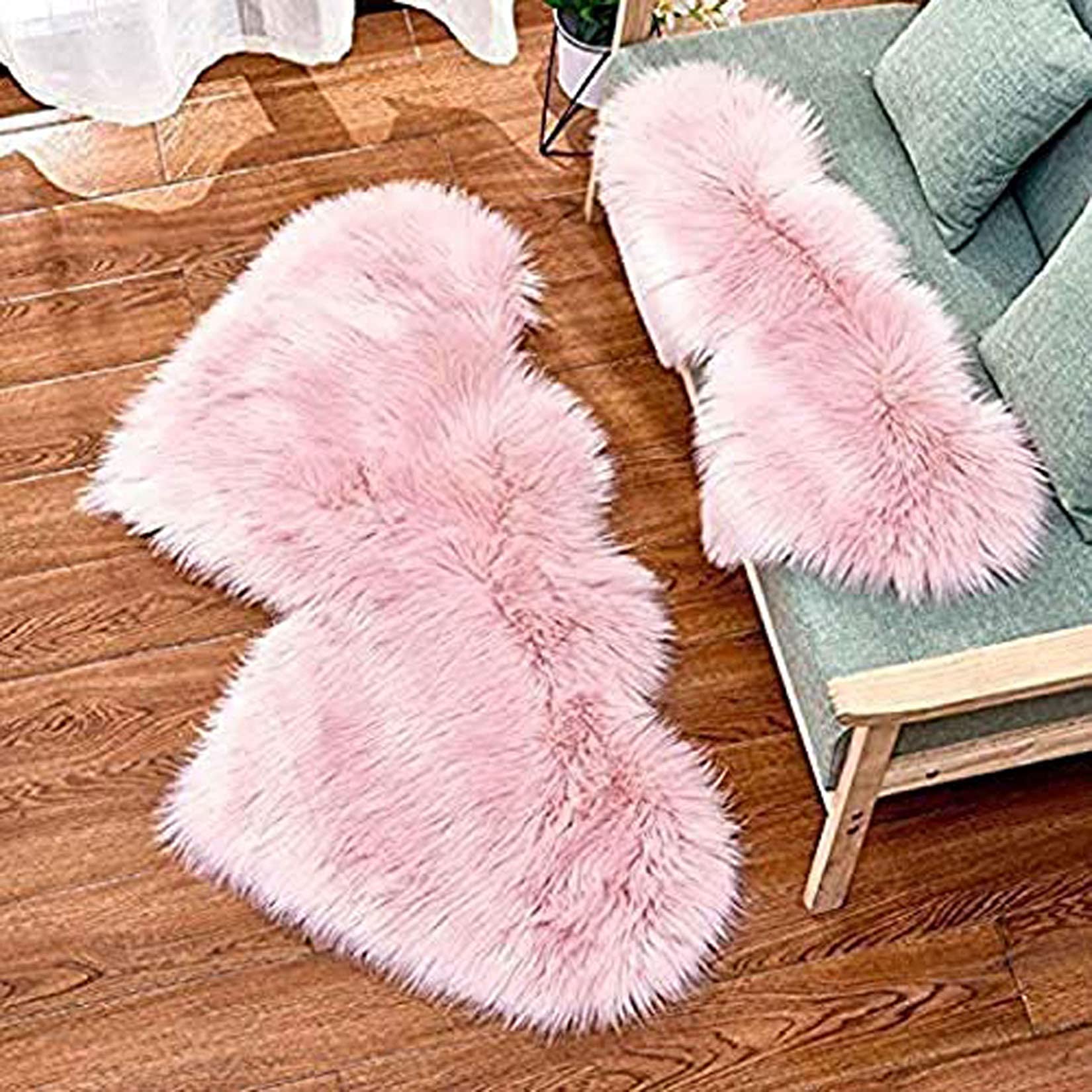 Modern Fluffy Faux Fur Area Rug 2'x4' - Anti-Skid Double Heart Design, Soft Shaggy Plush Carpet for Kids Bedroom, Nursery, Playroom (Pink, 24