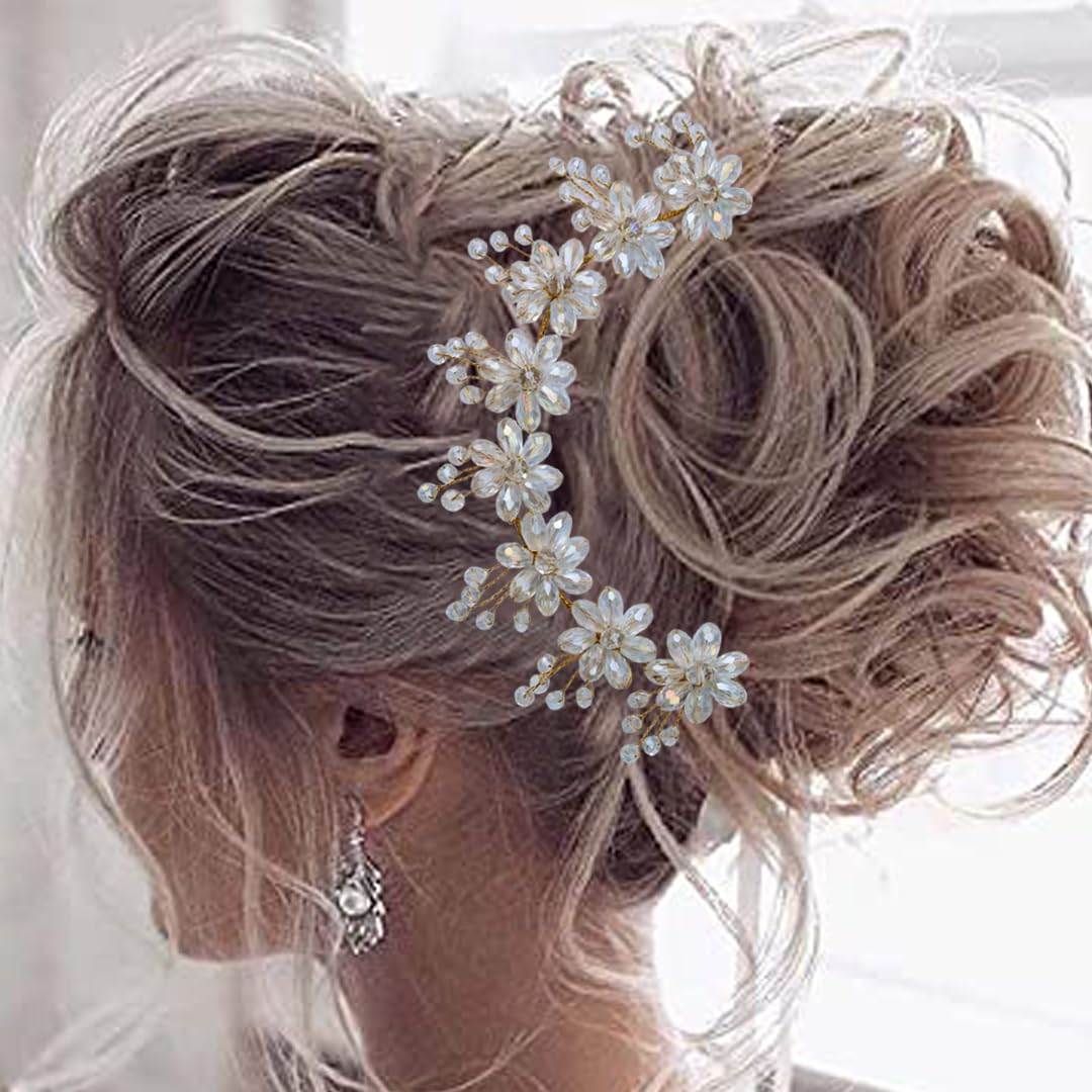 Golden Pearl Floral Hair Vine Headband - Softwrap Hair Accessories with Crystals for Bridal, Wedding, Girls & Women (Free Size) - Perfect for Special Occasions, Prom & Parties
