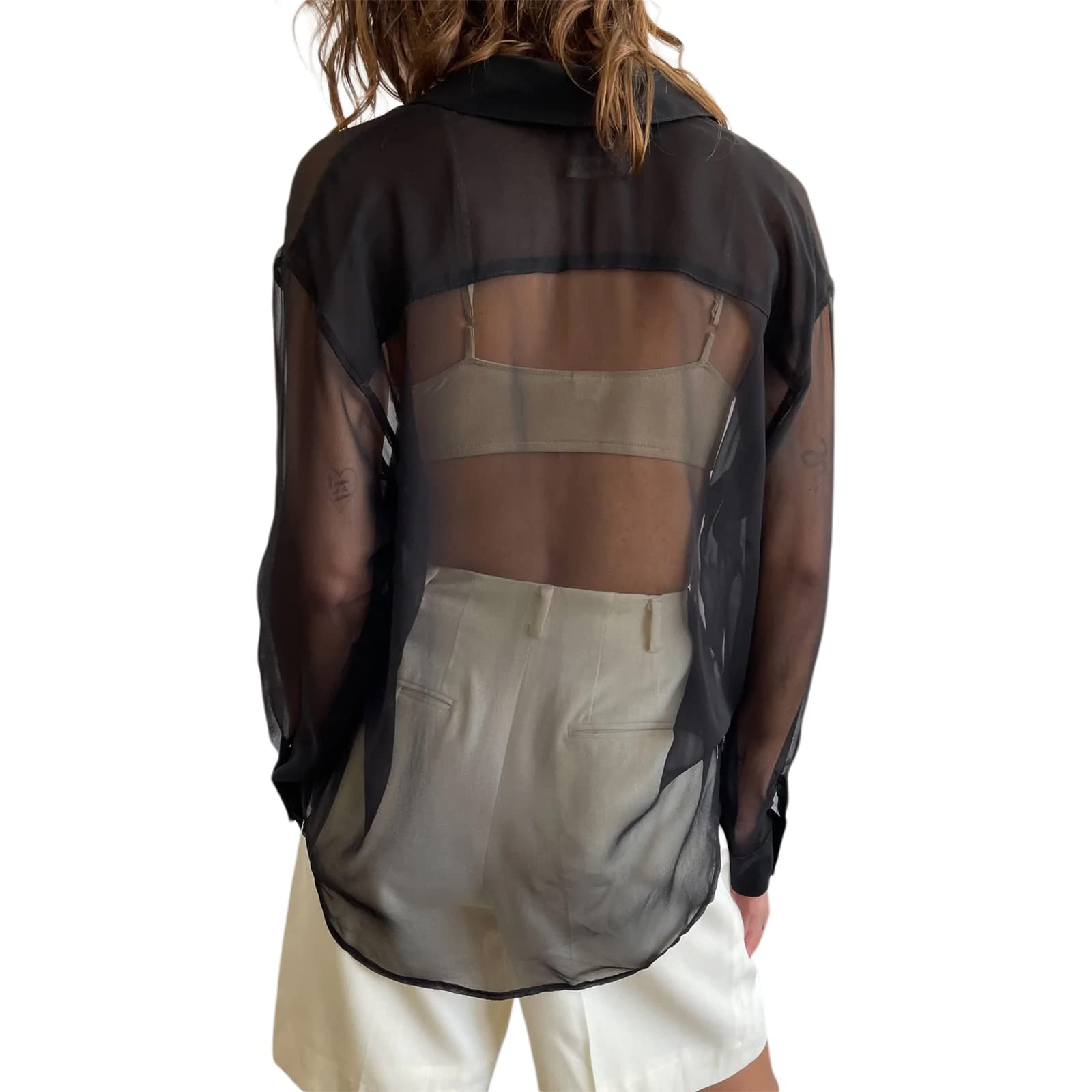 Women's Sheer Button-Up Blouse - Long Sleeve V-Neck See-Through Mesh Top with Lapel Collar, Loose Oversized Fit | Perfect for Layering, Casual Outfits & Night Out