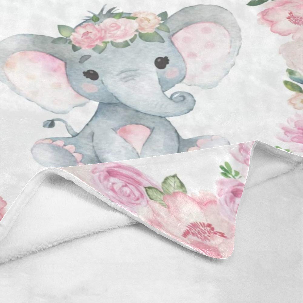 Personalized Kids Fleece Blanket with Name - Custom Pink Floral Elephant Baby Throw Blanket for Bed, Couch & Nursery (30