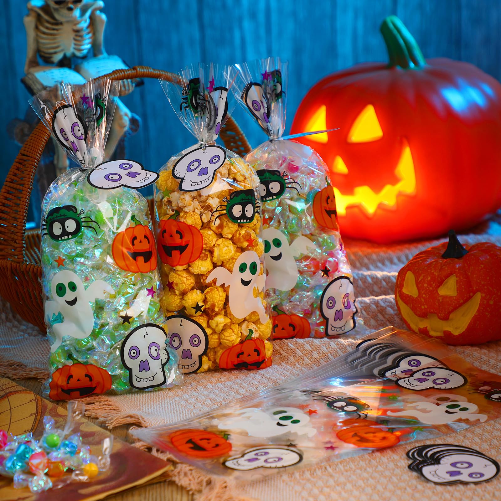 150-Pack Halloween Cellophane Candy Treat Bags - Pumpkin, Spider, Ghost & Bat Design - Bulk Goodie Bags with Twist Ties - Perfect for Halloween Party Favors, Trick-or-Treating & Classroom Treats