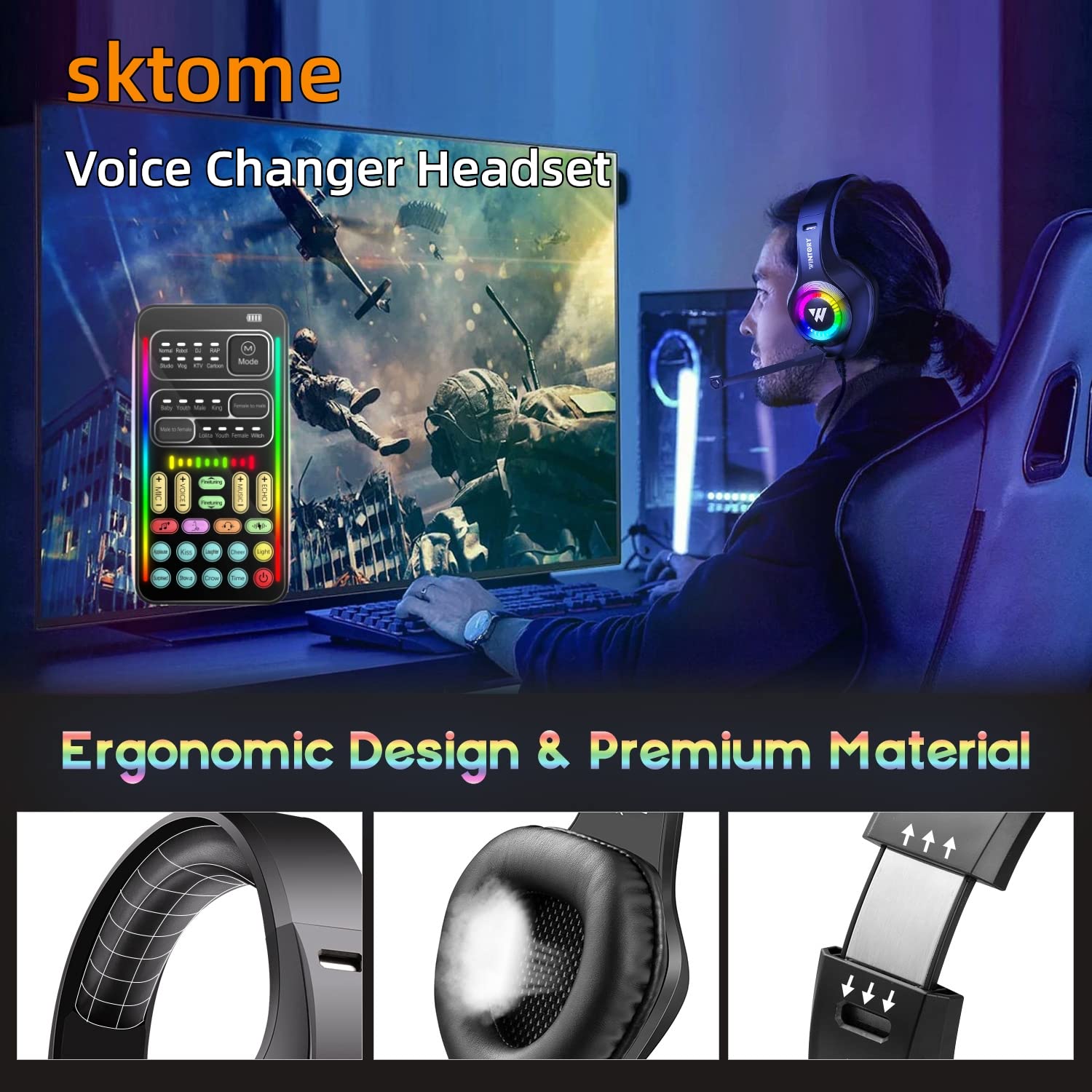 SKTOME Gaming Headset with Microphone & LED Lights - Noise Cancelling Over-Ear Headphones with Voice Changer & Volume Control - Compatible with PS5/PS4/Xbox One/PC/Mobile - Perfect for Streaming, Discord & Online Gaming (Black)