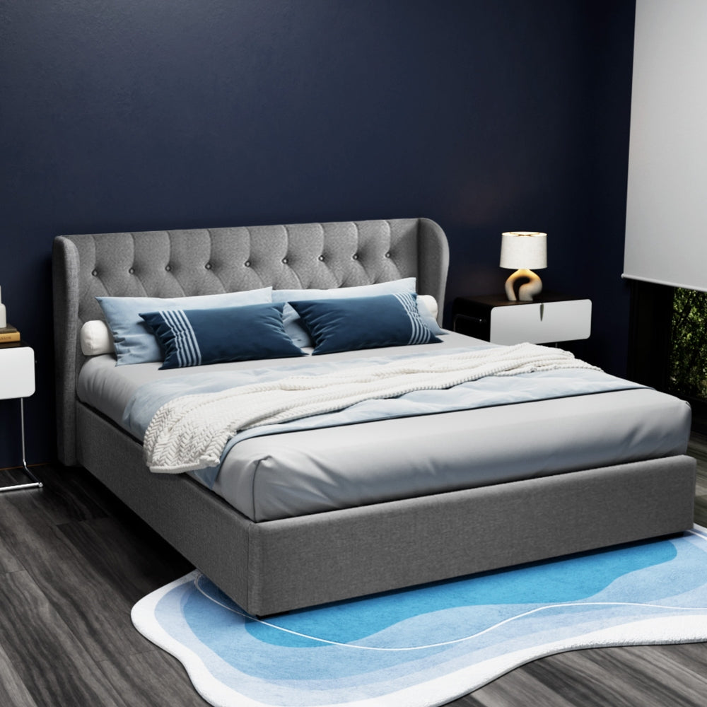Elouera King Size Bed Frame with Gas Lift Storage - Grey | Modern Platform Bed with Underbed Storage for Small Spaces | Perfect for Bedroom, Guest Room, Apartment