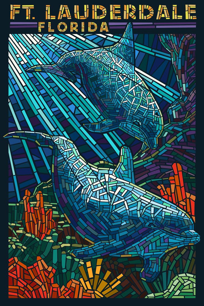 Florida Dolphin Paper Mosaic Wall Art - 16x24 Inch Gallery Quality Metal Decor, Aluminum Home Decor for Living Room, Bedroom & Office