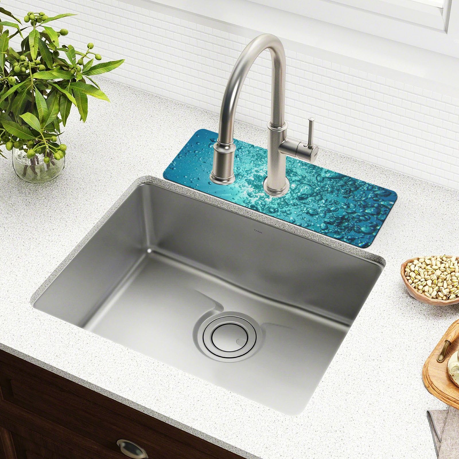 Non-Slip Kitchen Sink Splash Guard Mat - Absorbent Drip Catcher Behind Faucet, Trimmable Water Absorbing Mat for Bathroom, RV, Bar (14.7x5.4 Inches, Water Bubbles Green) - Perfect for Preventing Water Spills in Kitchens, Bathrooms & Mobile Homes