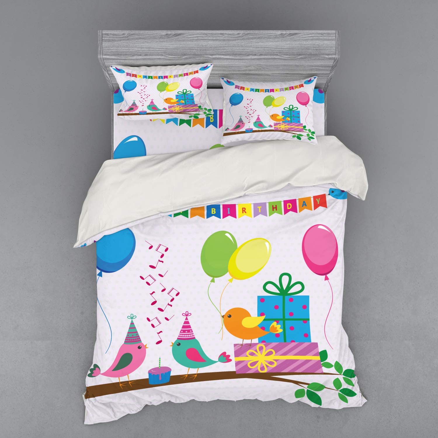 Ambesonne Birthday Party Duvet Cover Set - Singing Birds Happy Birthday Theme with Cake & Cone Hats, 4-Piece Queen Size Bedding Set with Shams & Fitted Sheet, Multicolor - Perfect for Birthday Celebrations & Themed Bedroom Decor