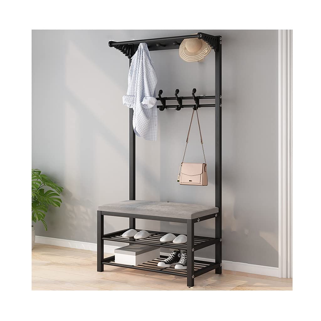 LHHL 3-in-1 Entryway Coat Rack Shoe Bench with 2-Tier Storage Shelves & Hooks - Multifunctional Hallway Organizer for Living Room, Office, Bedroom - Easy Assembly (Black, 60x33x170cm) - Perfect for Small Spaces, Apartments & Home Entry Organization