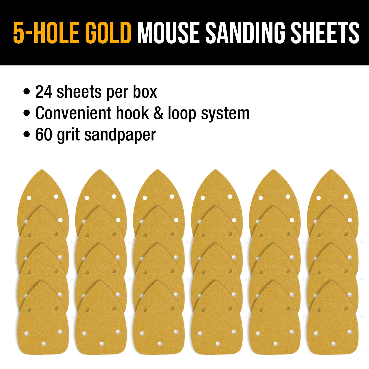 60 Grit 5 Hole Pattern Hook & Loop Sanding Sheets for Mouse Sanders - Box of 24 | Ideal for Woodworking, Metal Polishing & DIY Projects