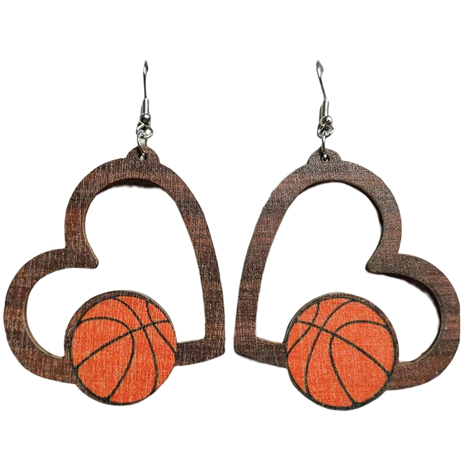 Vintage Wooden Sports Ball Earrings - Geometric Heart Shaped Hollow Dangle Drop Earrings for Women (Baseball, Basketball, Volleyball, Football) | Perfect Gift for Sports Fans & Players | Game Day Jewelry, Team Spirit Accessories
