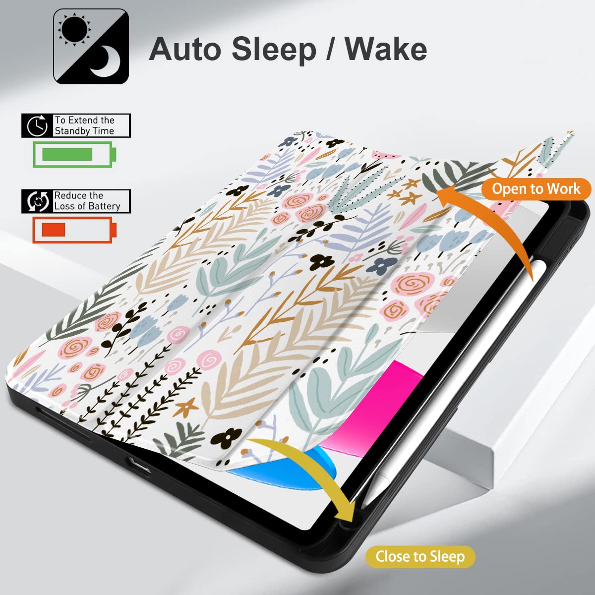 DONGKE iPad 11th Generation 11 Inch 2025 (A16 Chip) & iPad 10th Generation 10.9 Inch 2022 Case with Pencil Holder - Auto Wake/Sleep, Trifold Stand Soft TPU Protective Cover, Creative Floral Design - Perfect for Work, Study & Travel